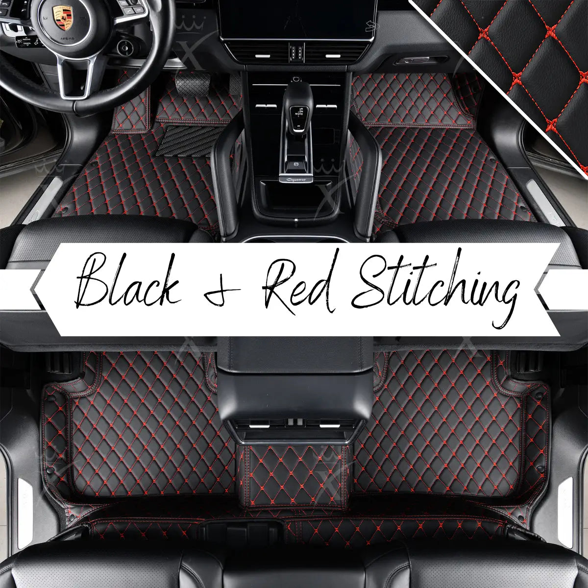 Luxus Premium Diamond Custom Car Mats Set | Black & Red Stitching