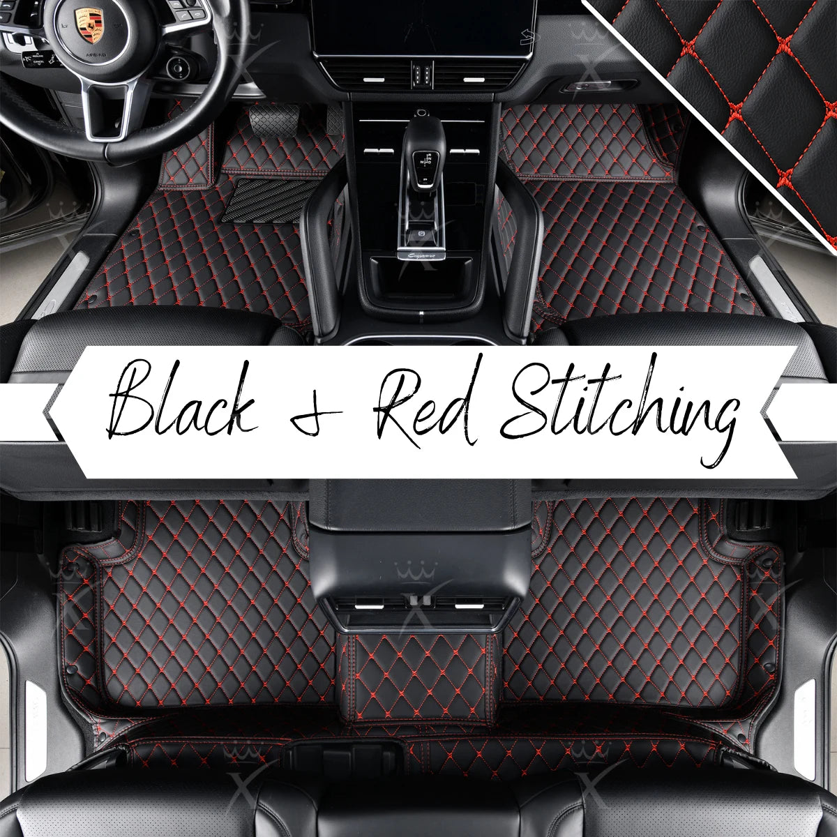 Luxus Premium Diamond Custom Car Mats Set | Black & Red Stitching
