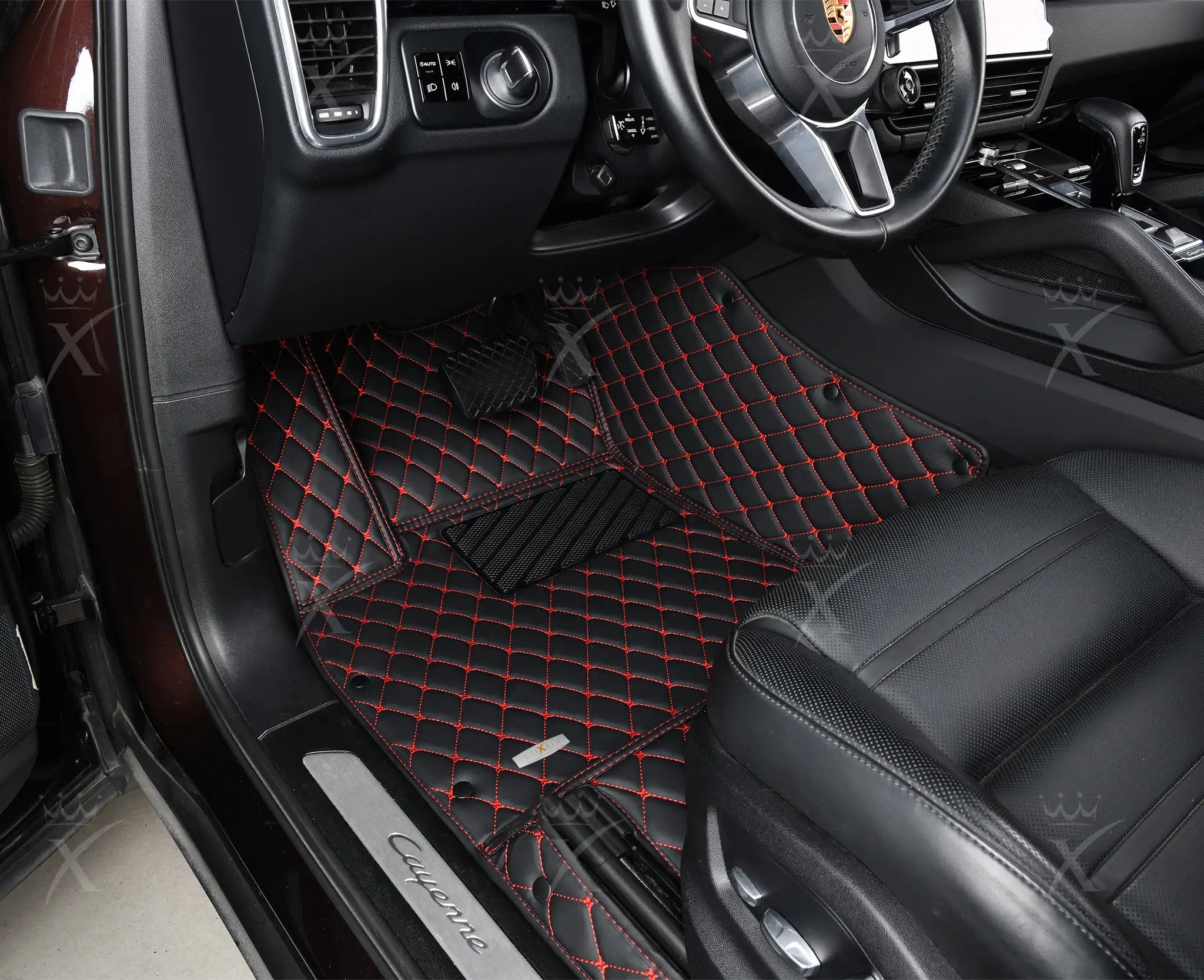 Luxus Premium Diamond Custom Car Mats Set | Black & Red Stitching