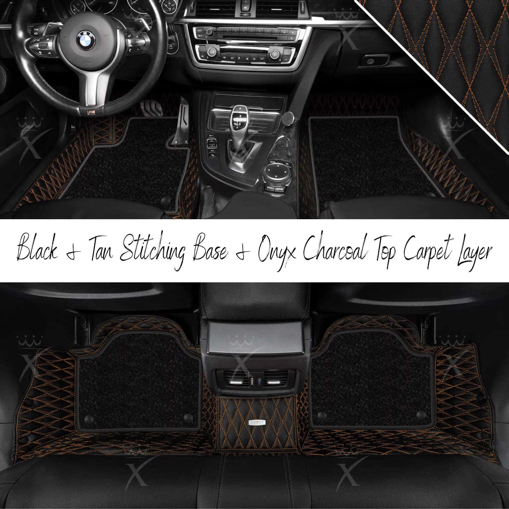 Black & Tan Stitching Twin Diamond & Onyx Charcoal Carpet | Double Layer Luxury Car Mats Set