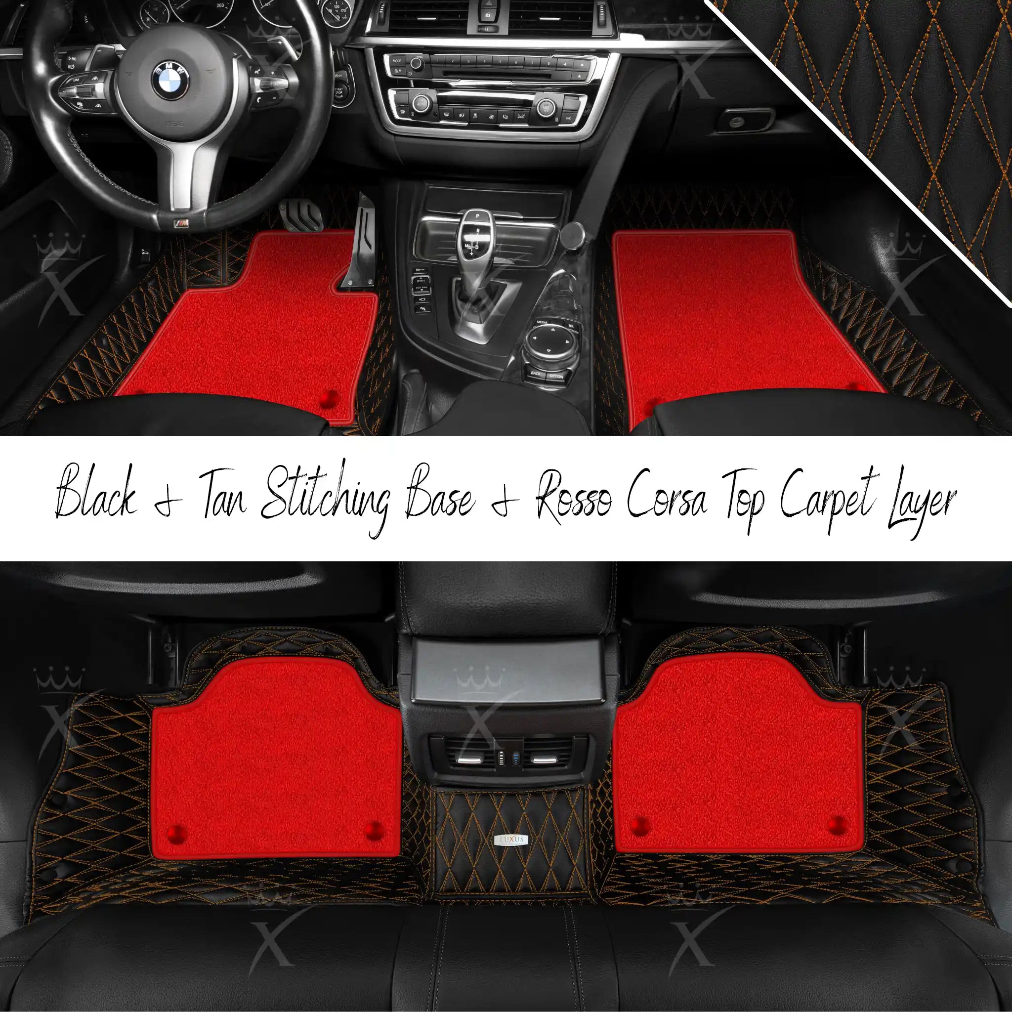 Black & Tan Stitching Twin Diamond & Rosso Corsa Carpet | Double Layer Luxury Car Mats Set