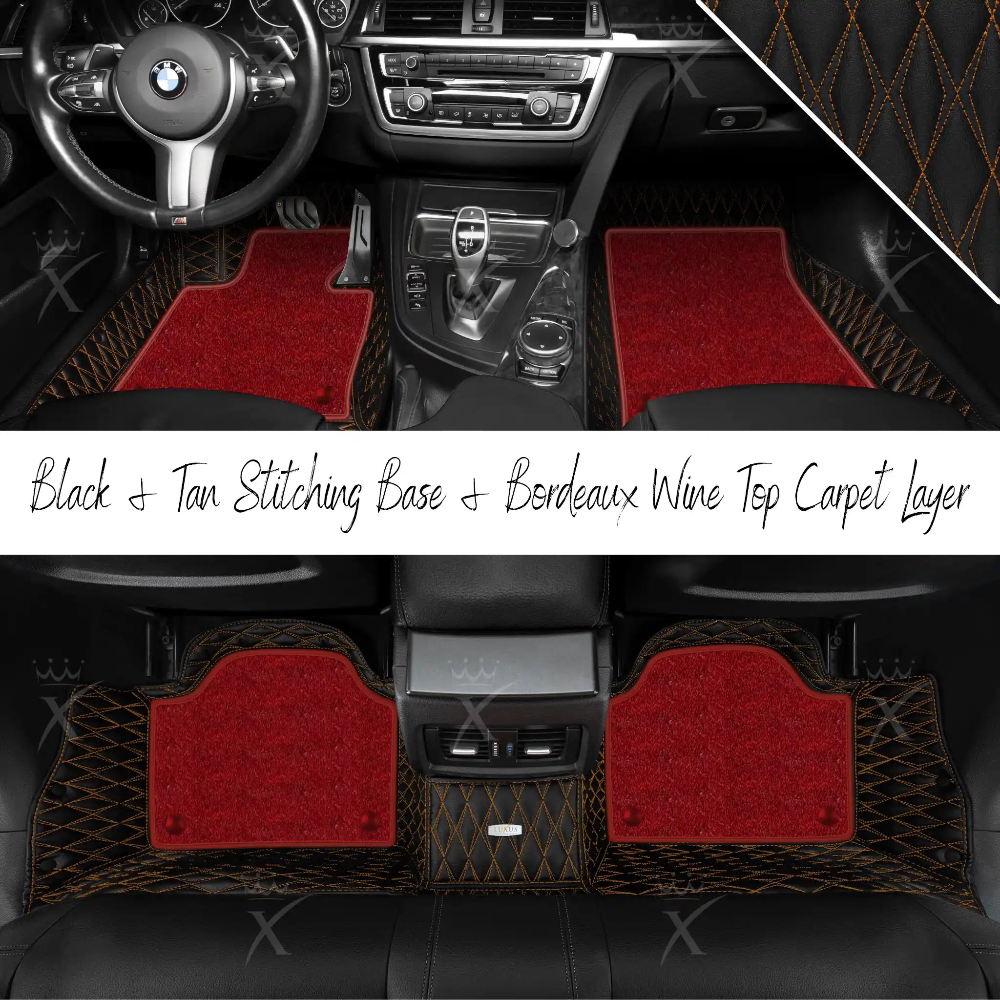 Black & Tan Stitching Twin Diamond & Bordeaux Wine Carpet | Double Layer Luxury Car Mats Set