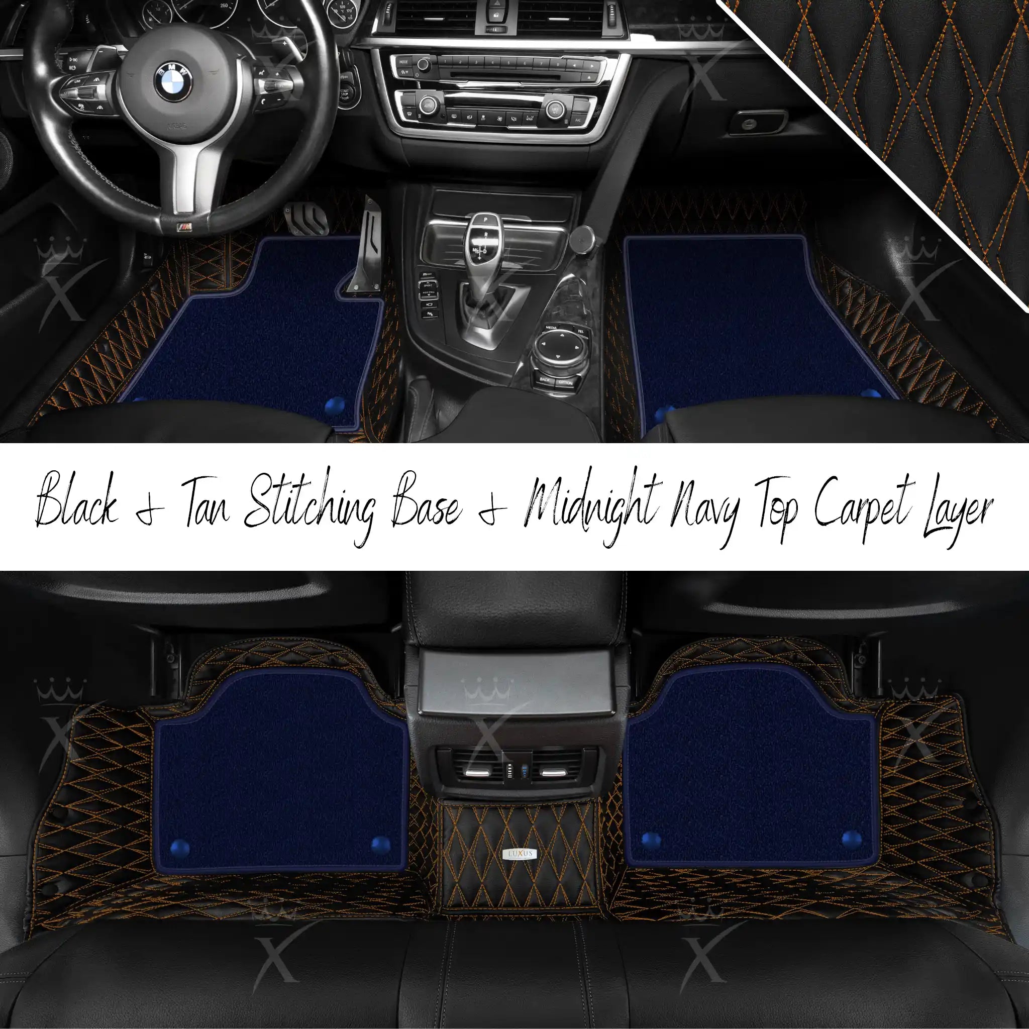 Black & Tan Stitching Twin Diamond & Midnight Navy Carpet | Double Layer Luxury Car Mats Set