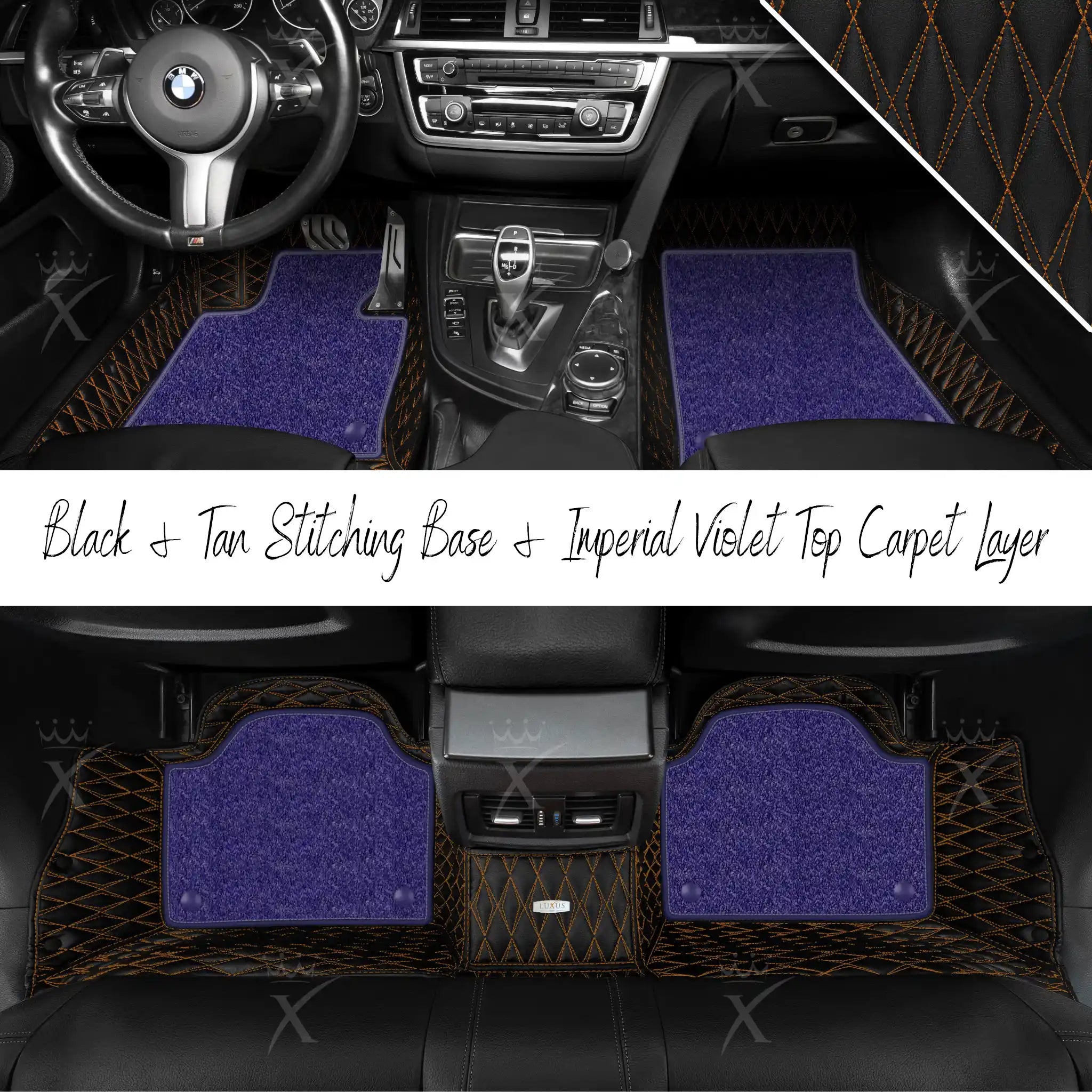 Black & Tan Stitching Twin Diamond & Imperial Violet Carpet | Double Layer Luxury Car Mats Set