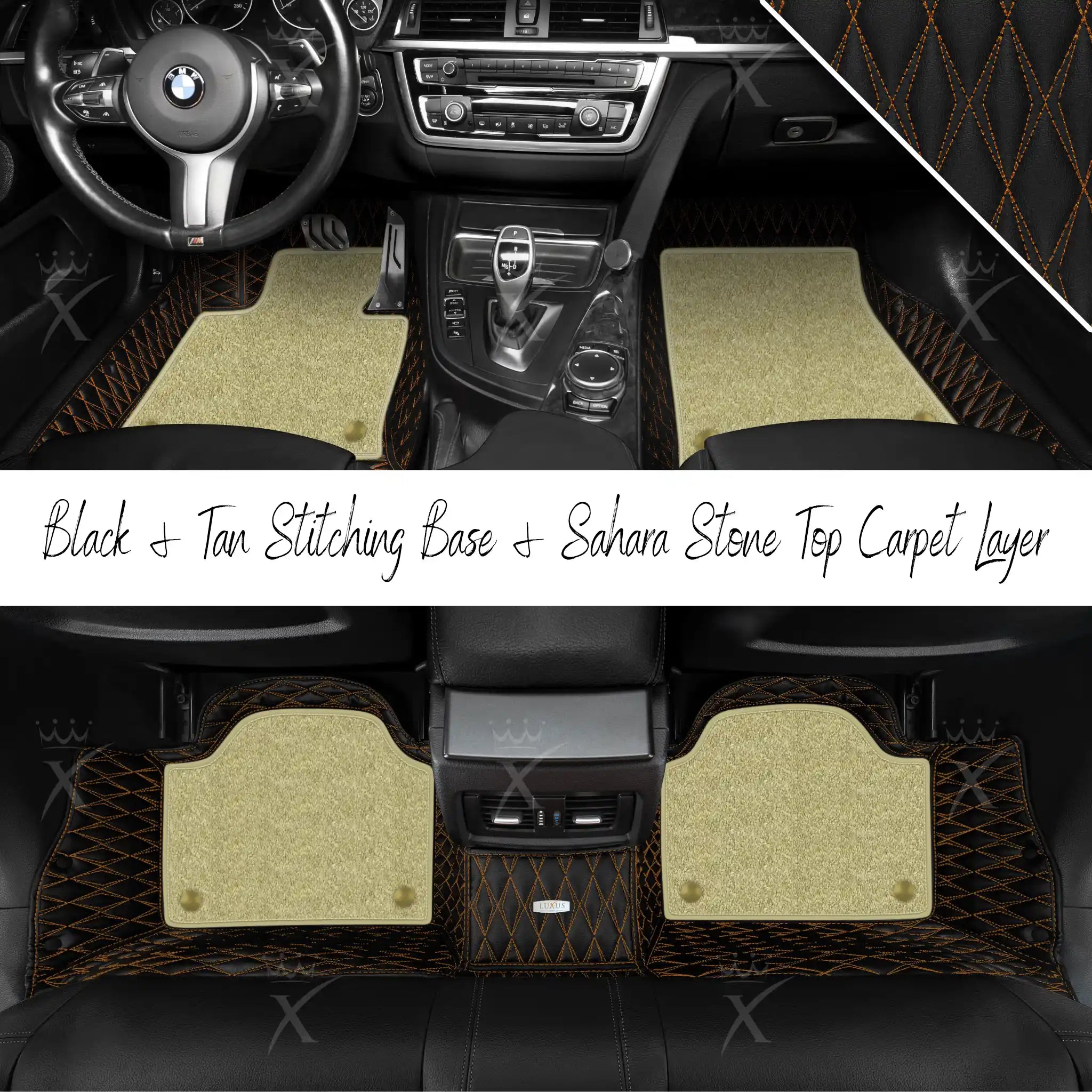 Black & Tan Stitching Twin Diamond & Sahara Stone Carpet | Double Layer Luxury Car Mats Set
