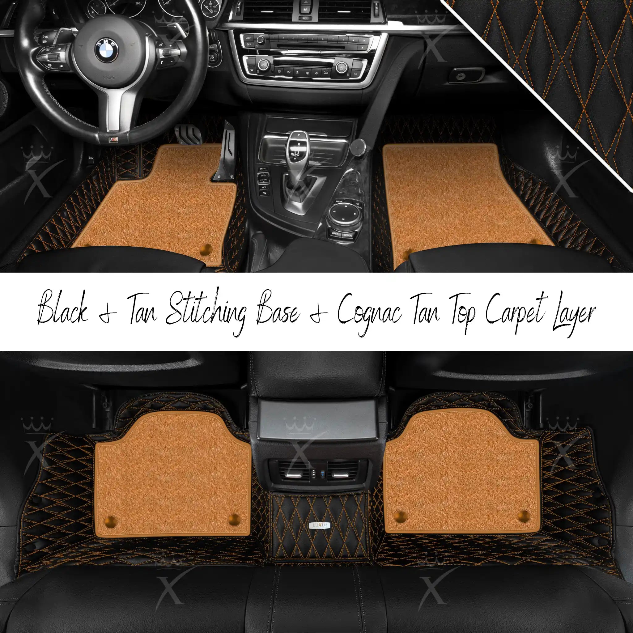 Black & Tan Stitching Twin Diamond & Cognac Tan Carpet | Double Layer Luxury Car Mats Set