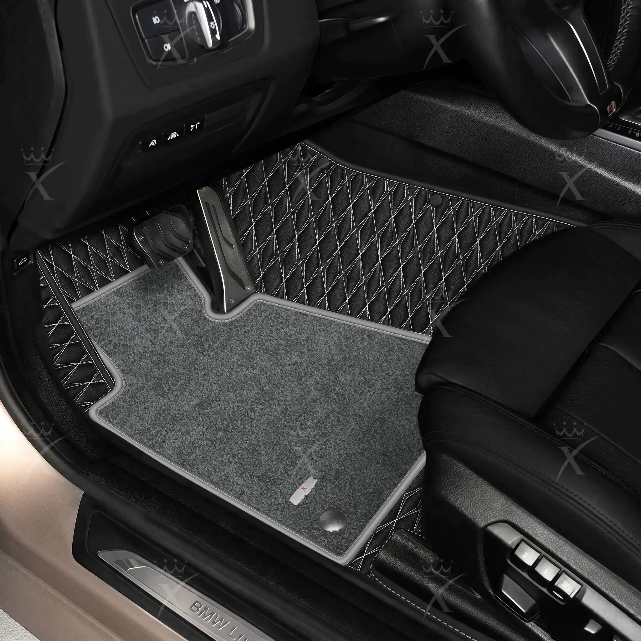 Luxus Twin-Diamond Double Layer Series Floor Mats | Black & White Stitching & Graphite Shadow Top Carpet
