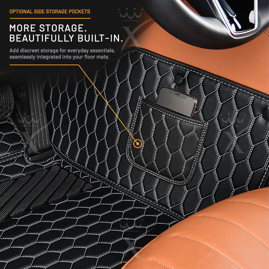 Luxus Honeycomb Double Layer Series Floor Mats | Black & White Stitching & Beige Top Carpet