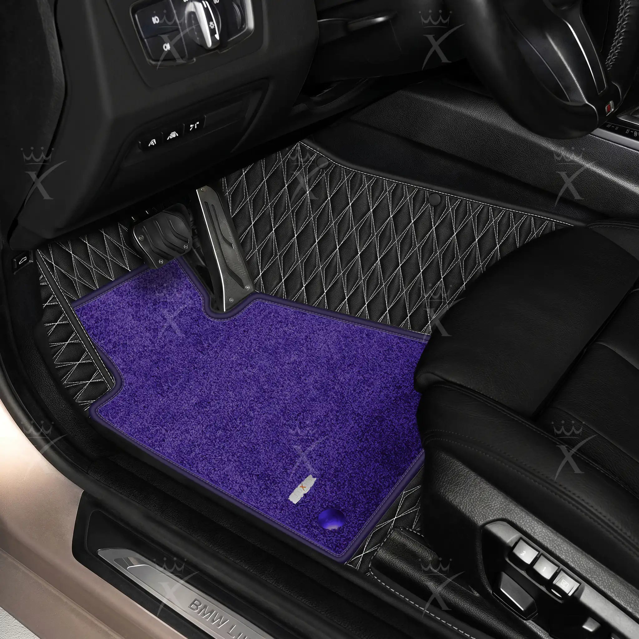 Luxus Twin-Diamond Double Layer Series Floor Mats | Black & White Stitching & Imperial Violet Top Carpet