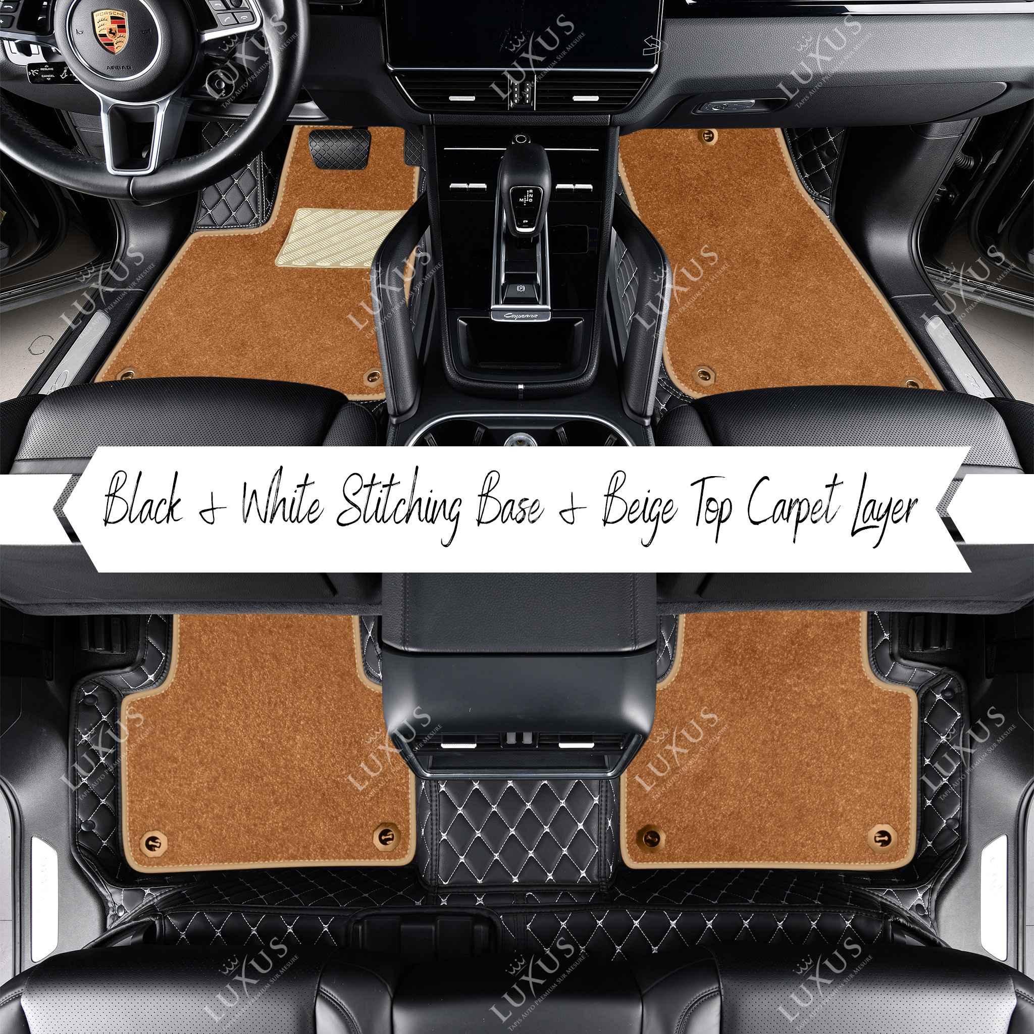 Black & White Stitching Diamond Base & Beige Top Carpet Double Layer Luxury Car Mats Set