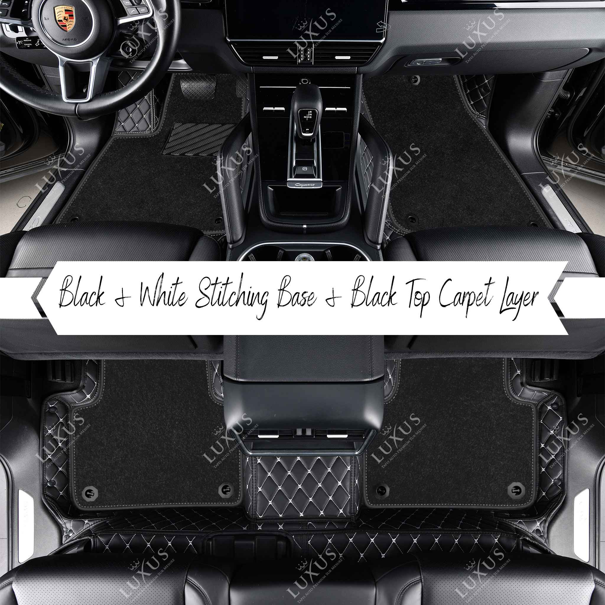 Black & White Stitching Diamond Base & Black Top Carpet Double Layer Luxury Car Mats Set