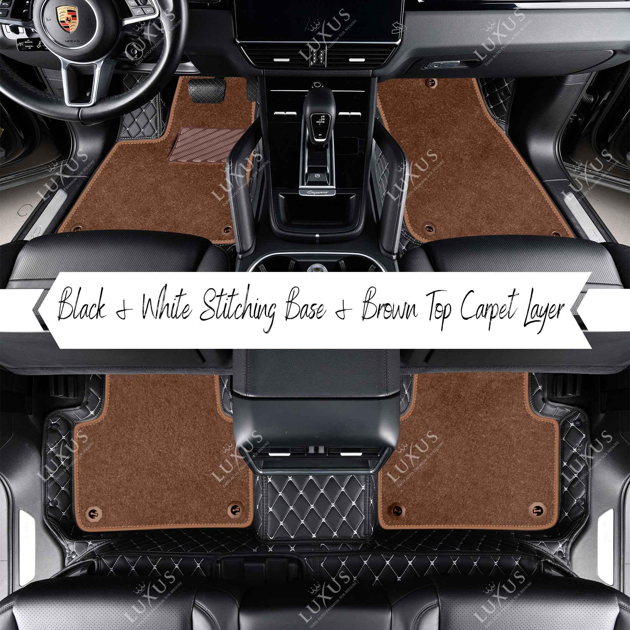 Black & White Stitching Diamond Base & Brown Top Carpet Double Layer Luxury Car Mats Set