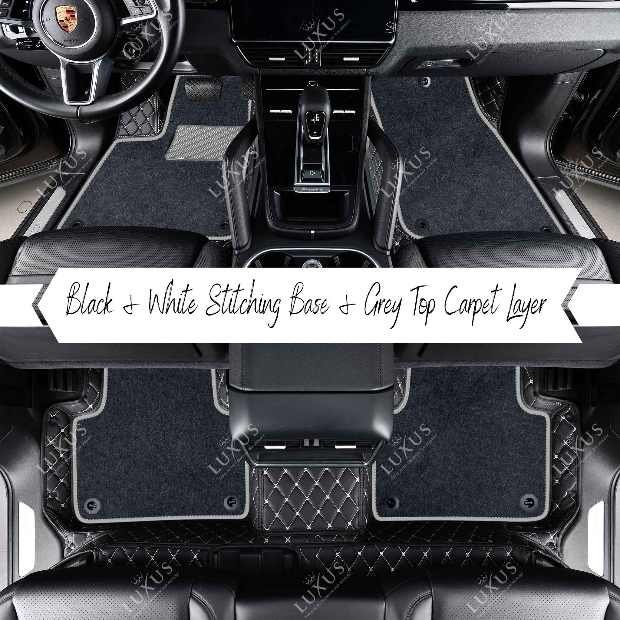 Black & White Stitching Diamond Base & Grey Top Carpet Double Layer Luxury Car Mats Set