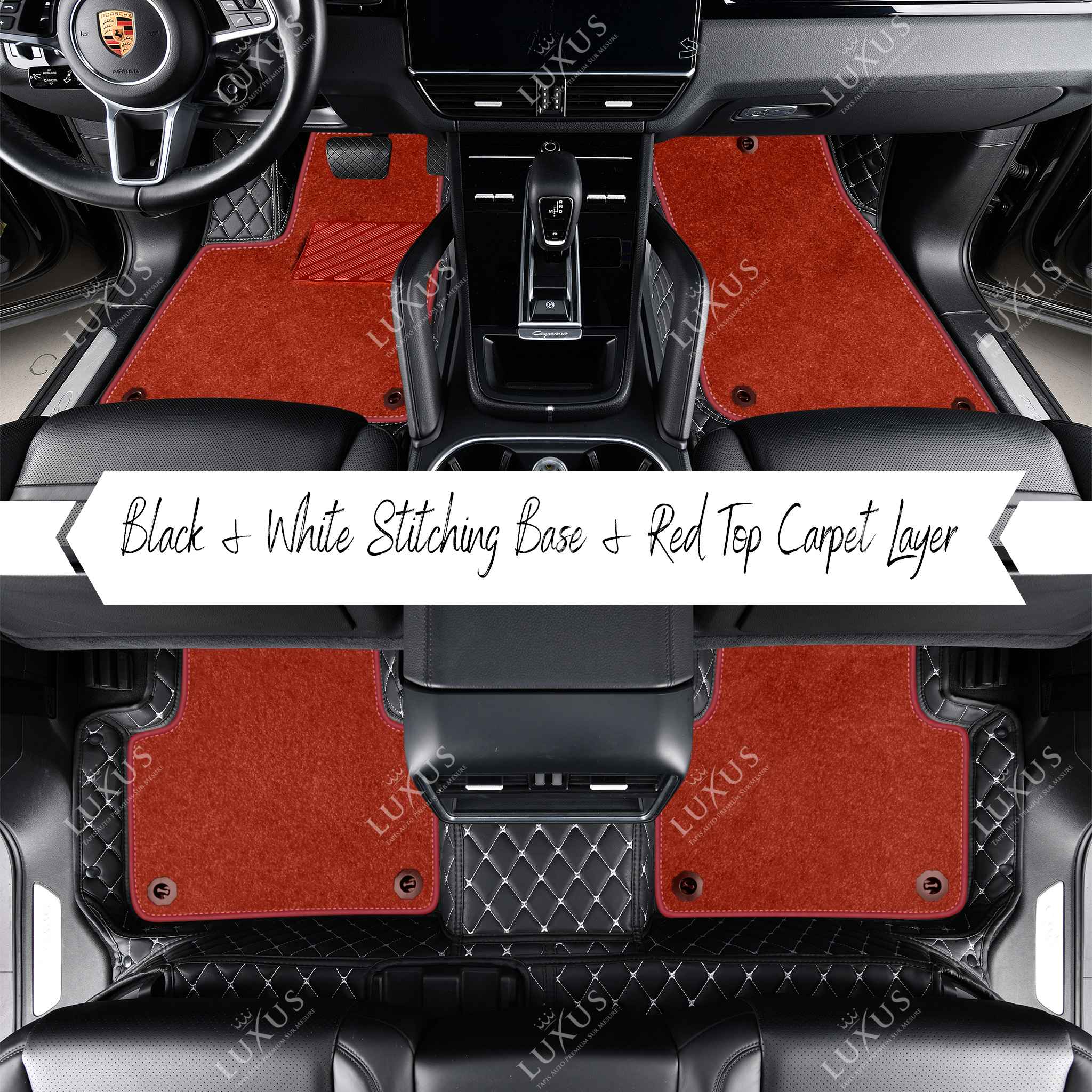 Black & White Stitching Diamond Base & Red Top Carpet Double Layer Luxury Car Mats Set