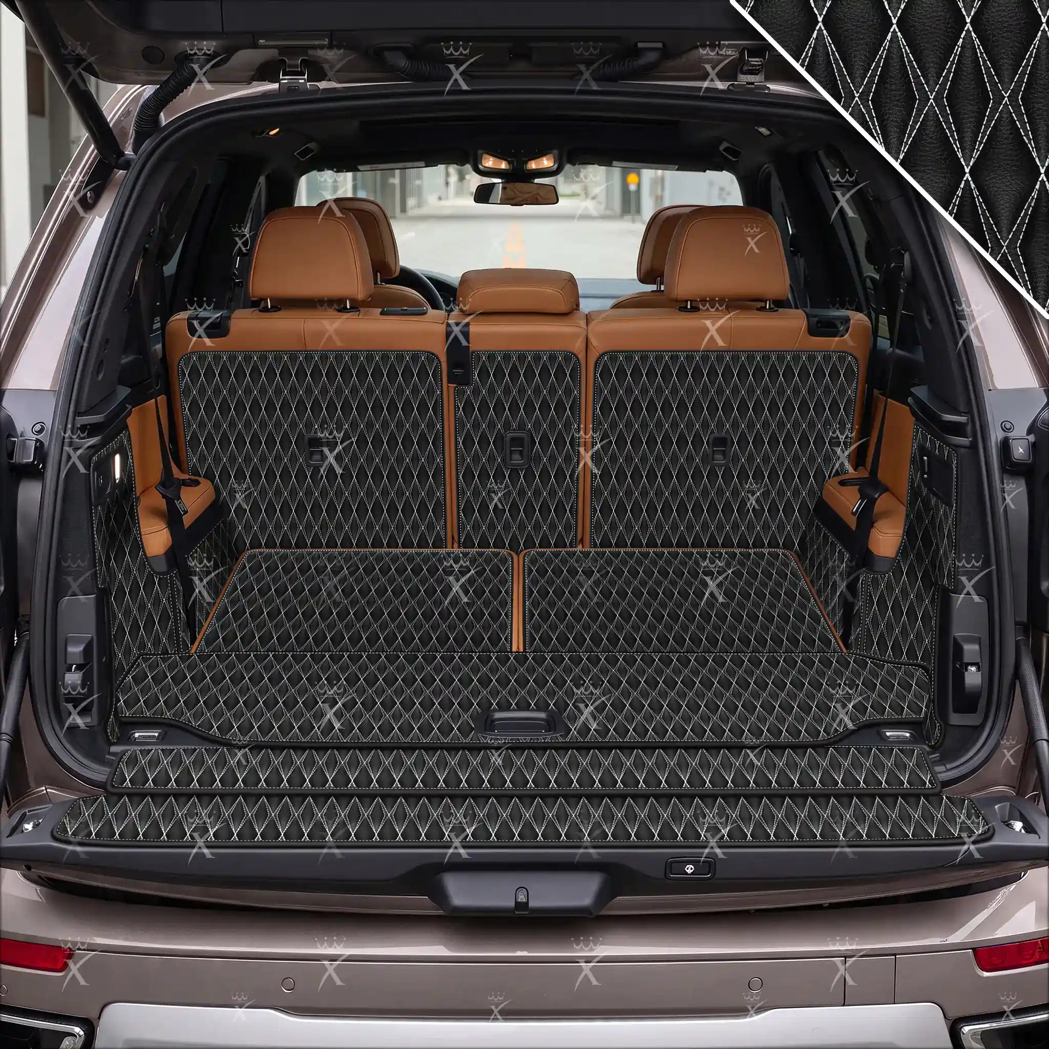 Luxus Car Mats™ – 3D-Luxus-Leder-Kofferraum-/Kofferraummatte in Schwarz und Schwarz mit Nähten