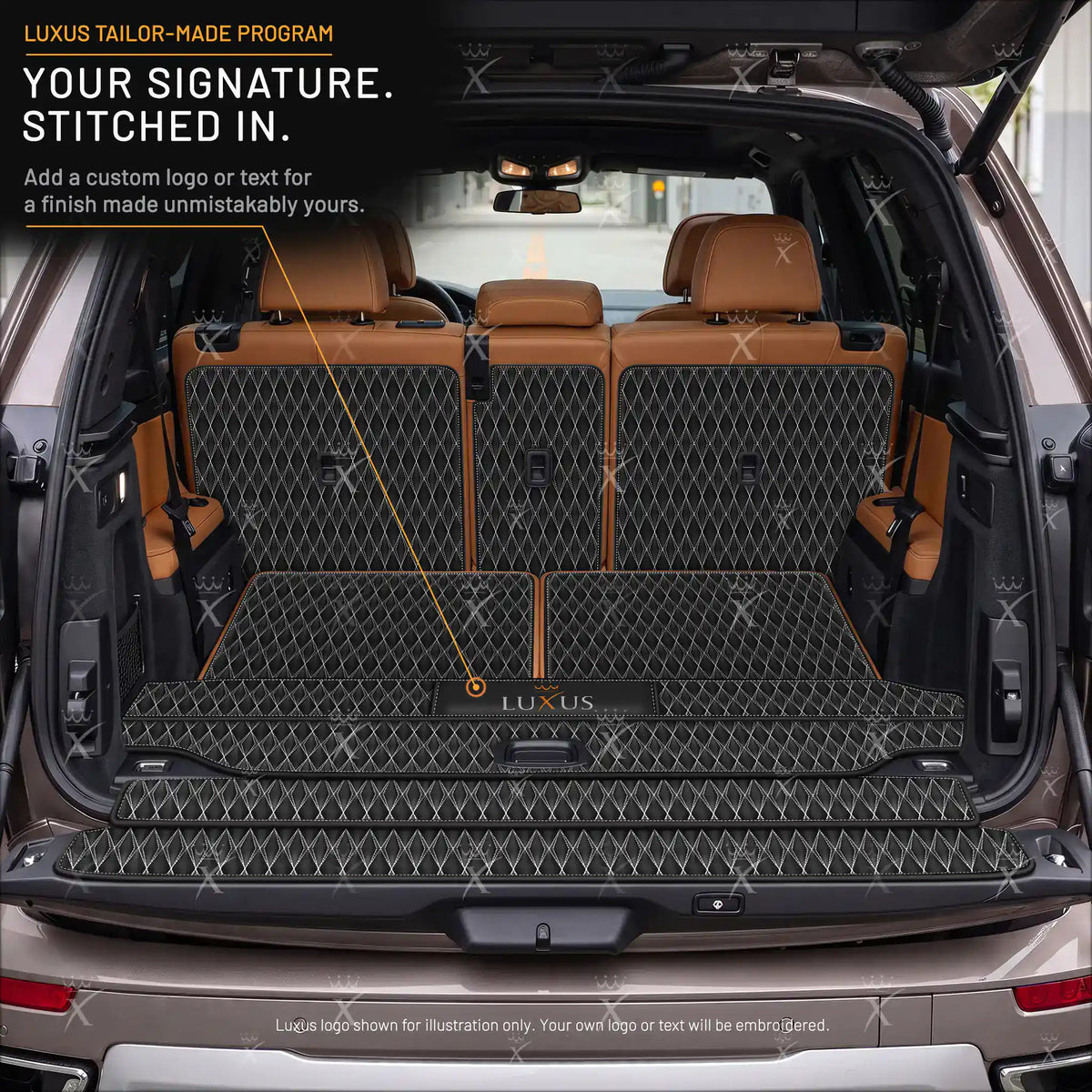 Luxus Car Mats™ – 3D-Luxus-Leder-Kofferraum-/Kofferraummatte in Schwarz und Schwarz mit Nähten