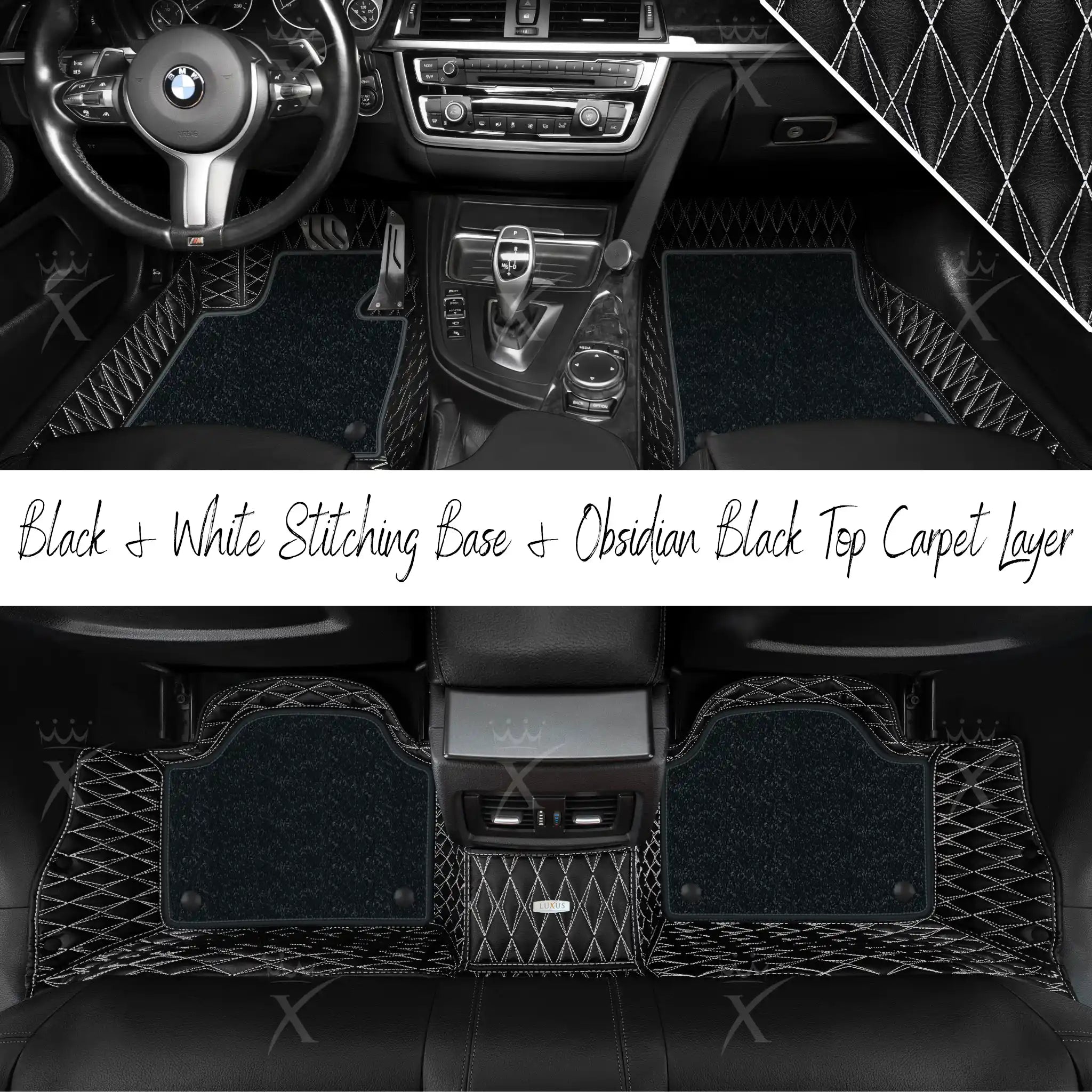 Black & White Stitching Twin Diamond & Obsidian Black Carpet | Double Layer Luxury Car Mats Set