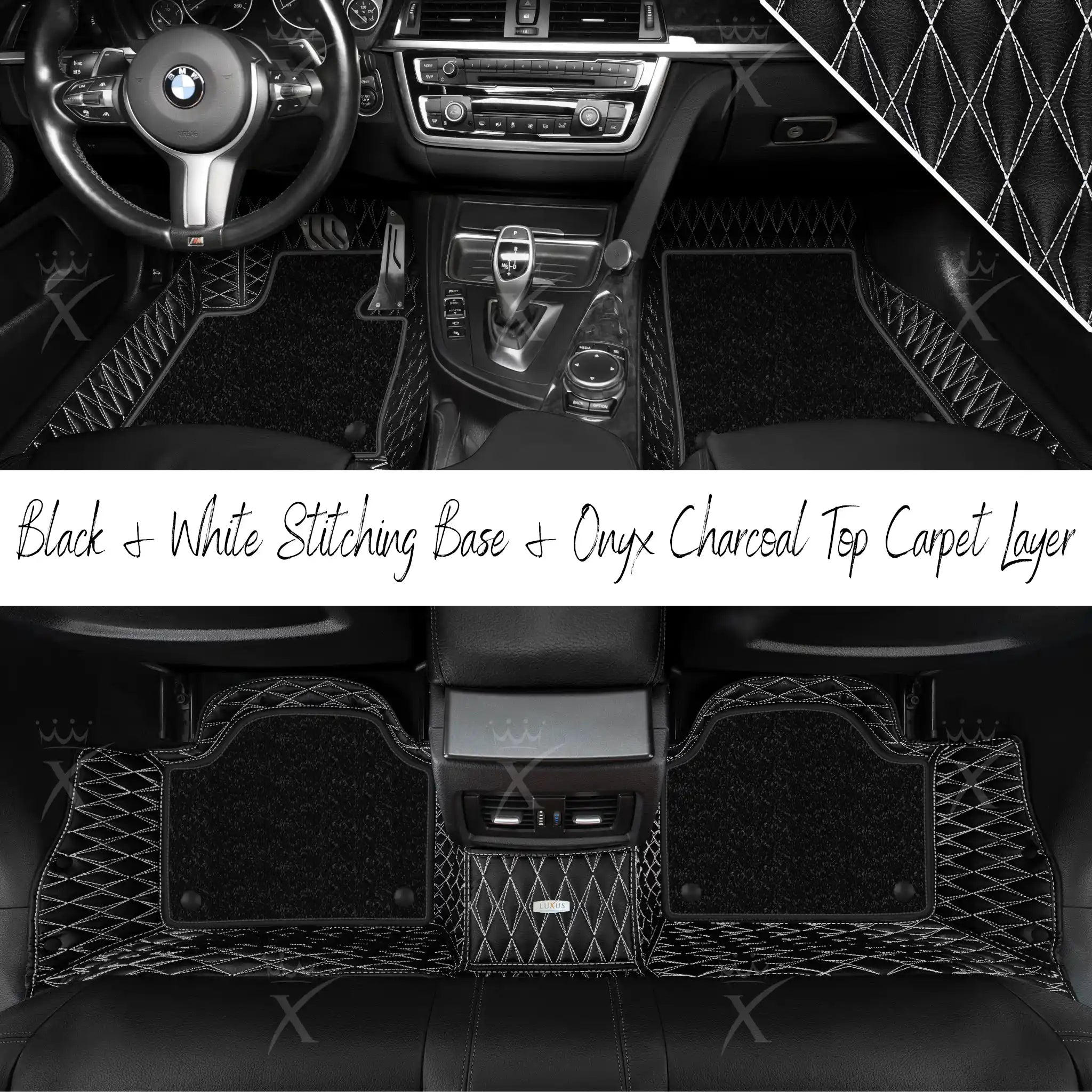 Black & White Stitching Twin Diamond & Onyx Charcoal Carpet | Double Layer Luxury Car Mats Set