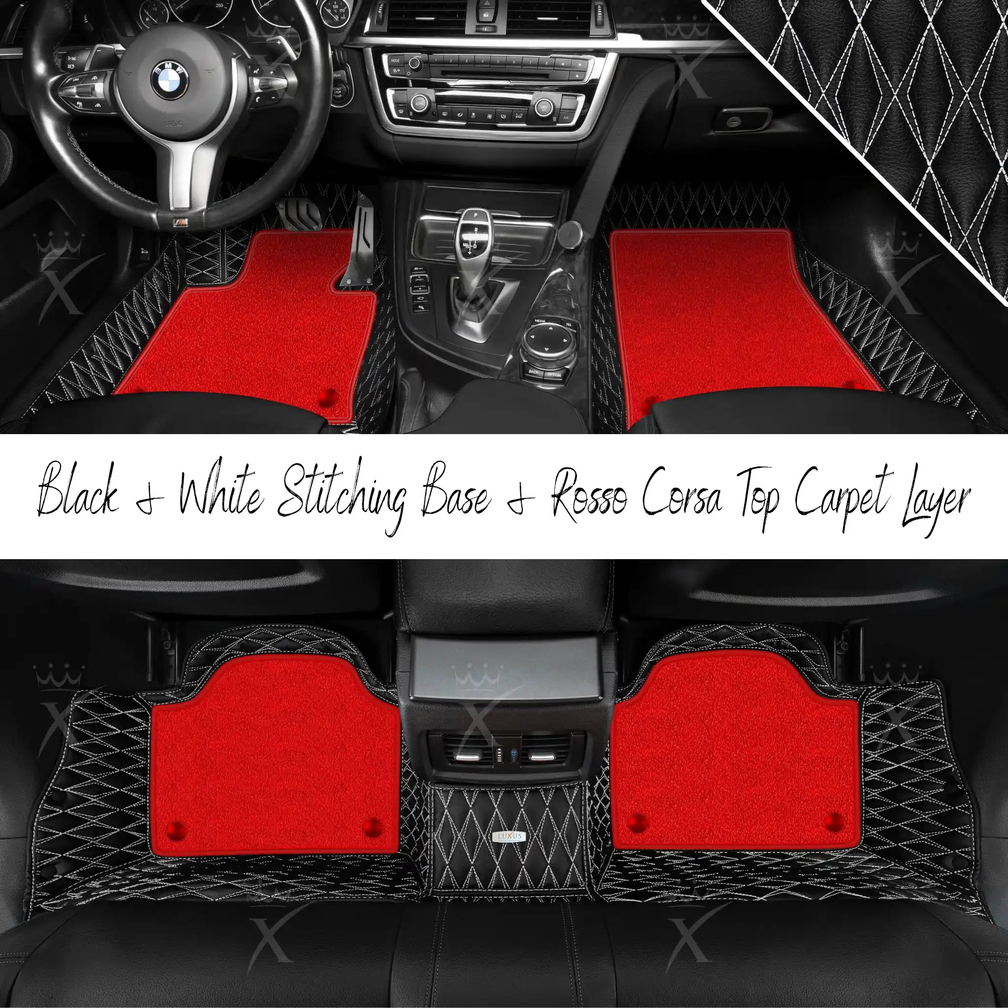 Black & White Stitching Twin Diamond & Rosso Corsa Carpet | Double Layer Luxury Car Mats Set
