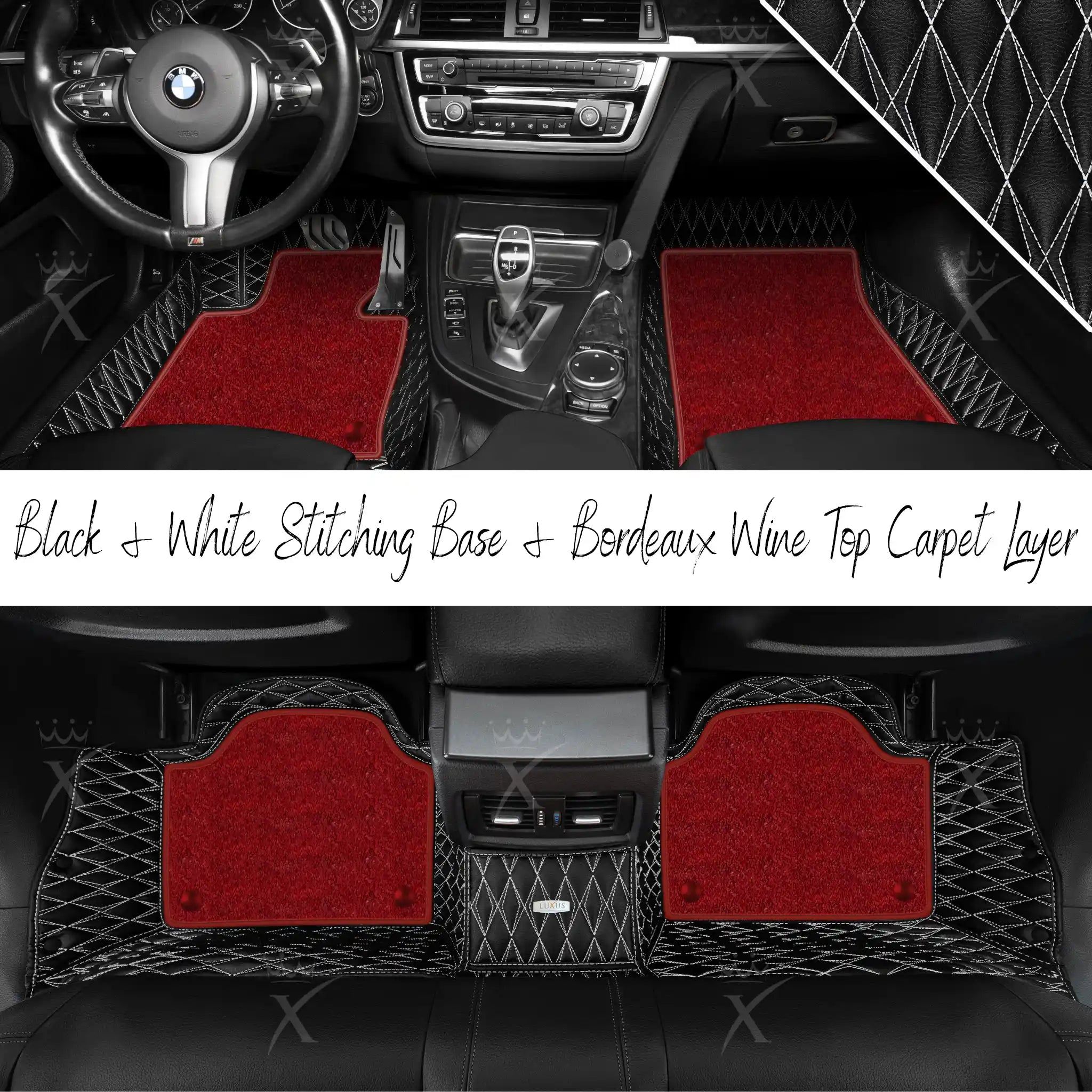 Black & White Stitching Twin Diamond & Bordeaux Wine Carpet | Double Layer Luxury Car Mats Set