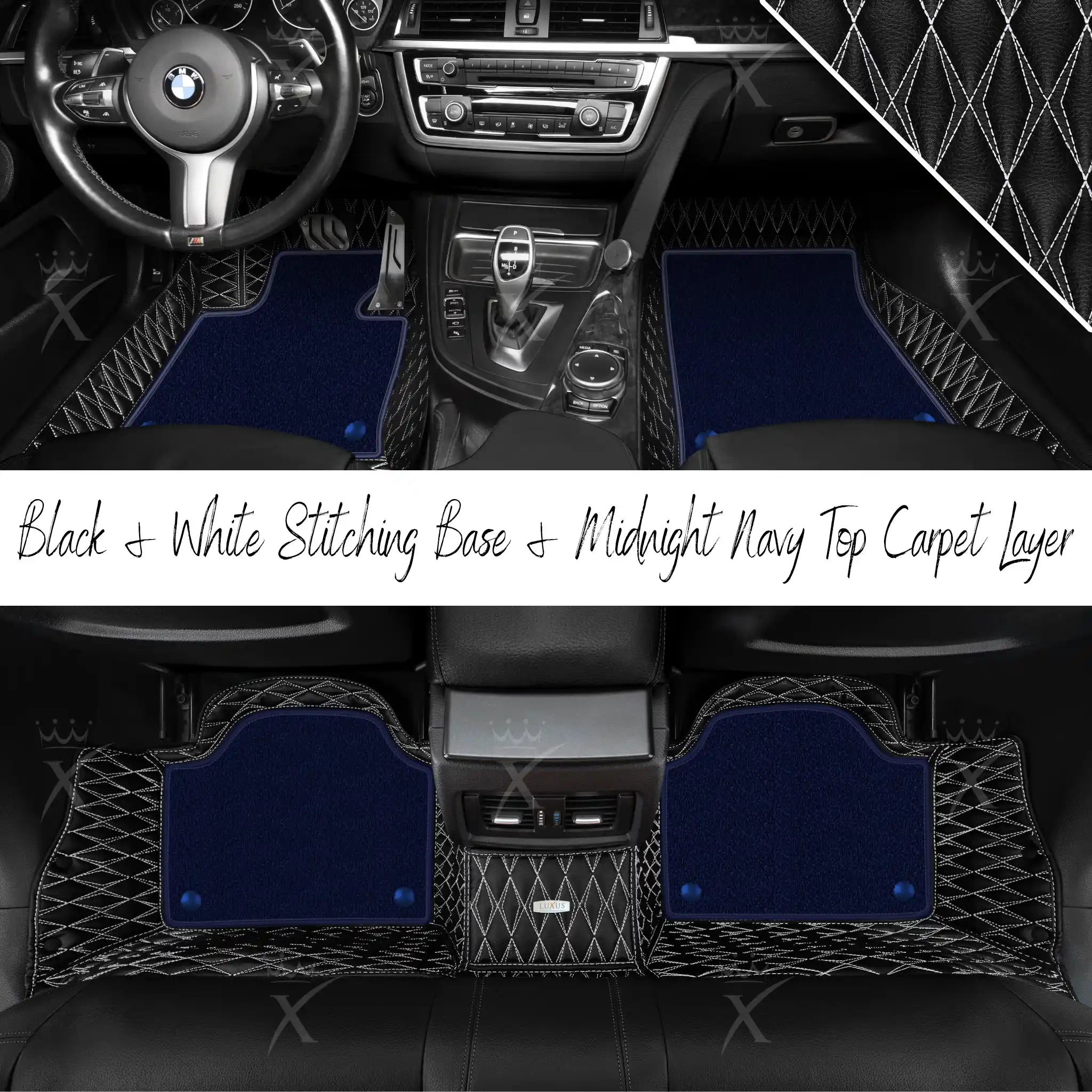 Black & White Stitching Twin Diamond & Midnight Navy Carpet | Double Layer Luxury Car Mats Set