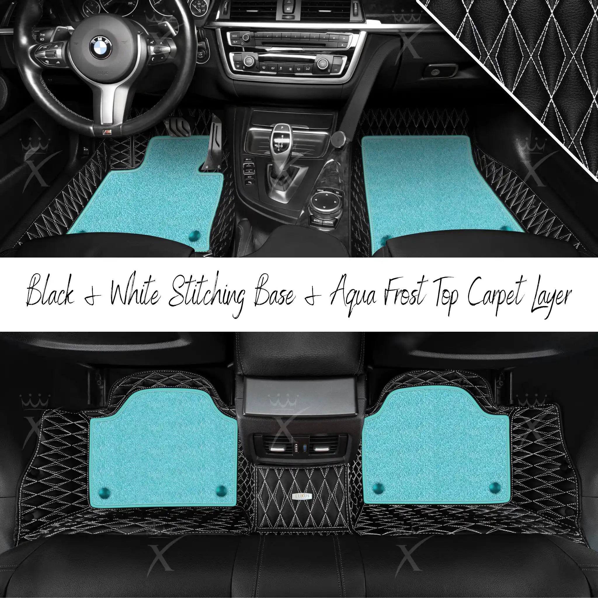 Black & White Stitching Twin Diamond & Aqua Frost Carpet | Double Layer Luxury Car Mats Set