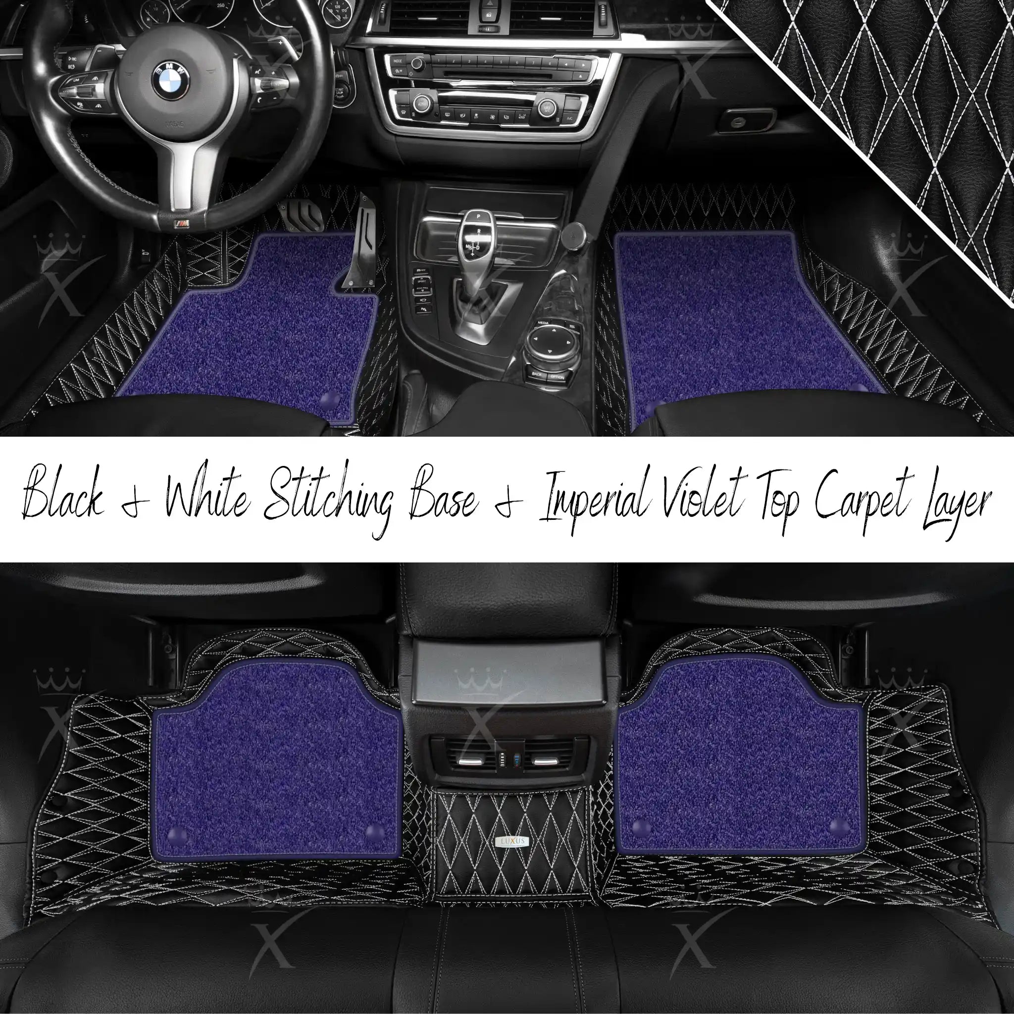 Black & White Stitching Twin Diamond & Imperial Violet Carpet | Double Layer Luxury Car Mats Set