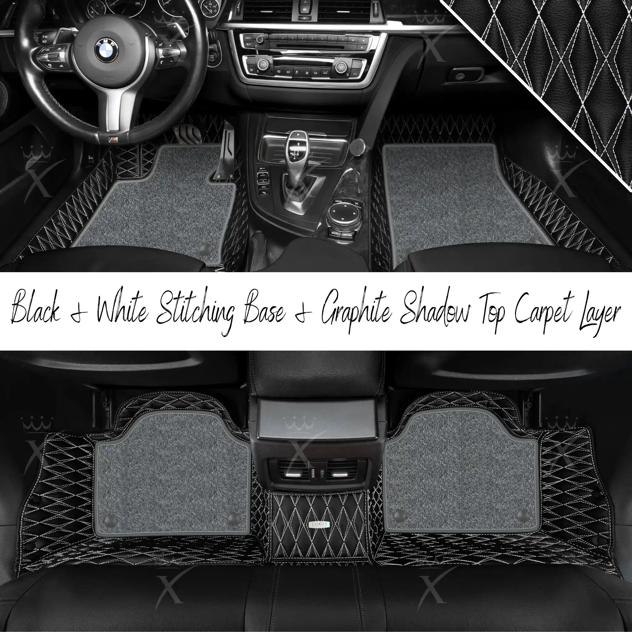 Black & White Stitching Twin Diamond & Graphite Shadow Carpet | Double Layer Luxury Car Mats Set