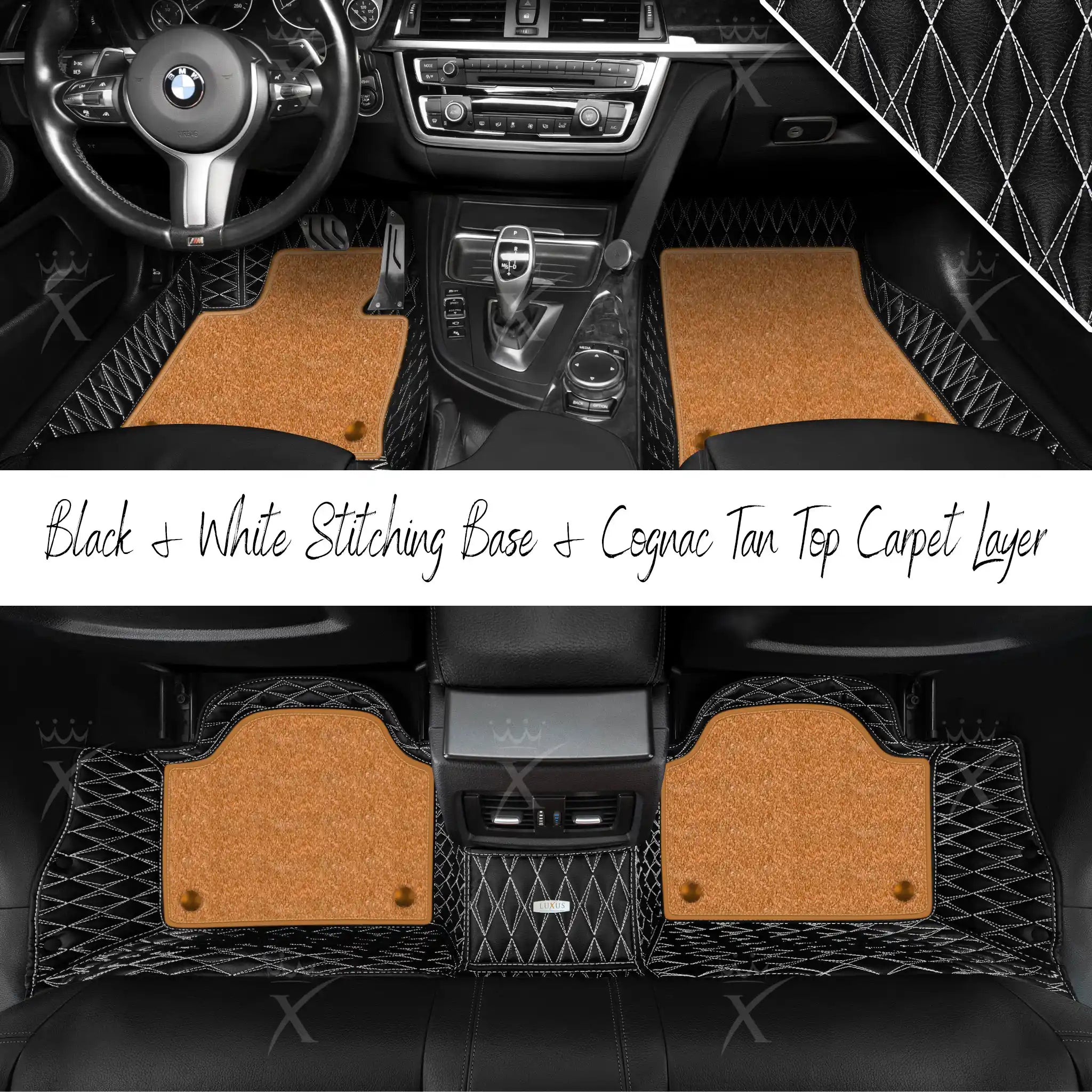 Black & White Stitching Twin Diamond & Cognac Tan Carpet | Double Layer Luxury Car Mats Set