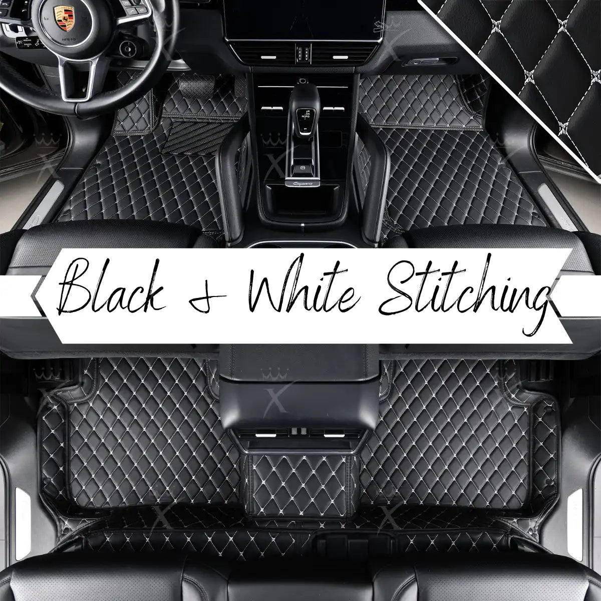 Luxus Premium Diamond Custom Car Mats Set | Black & White Stitching