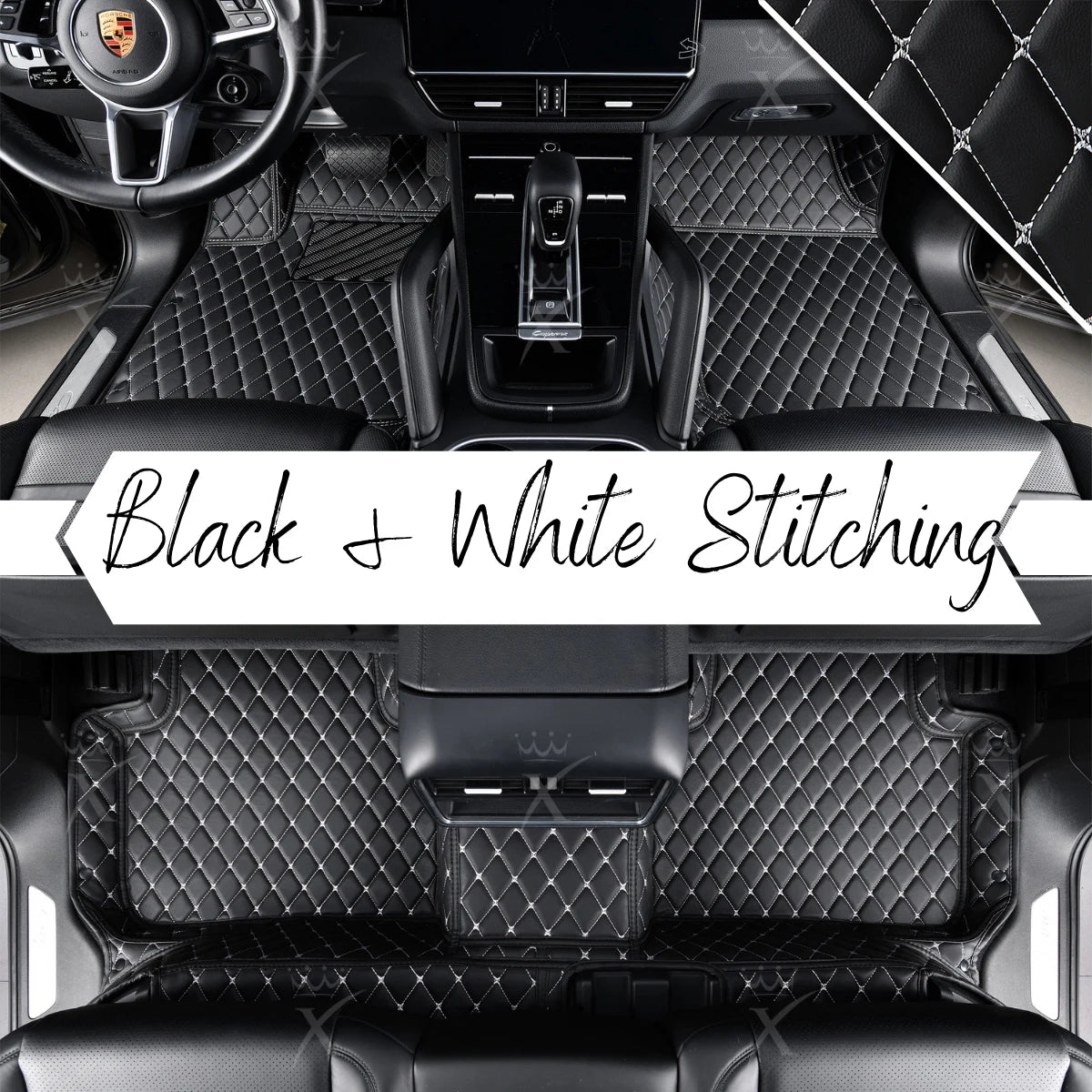 Luxus Premium Diamond Custom Car Mats Set | Black & White Stitching