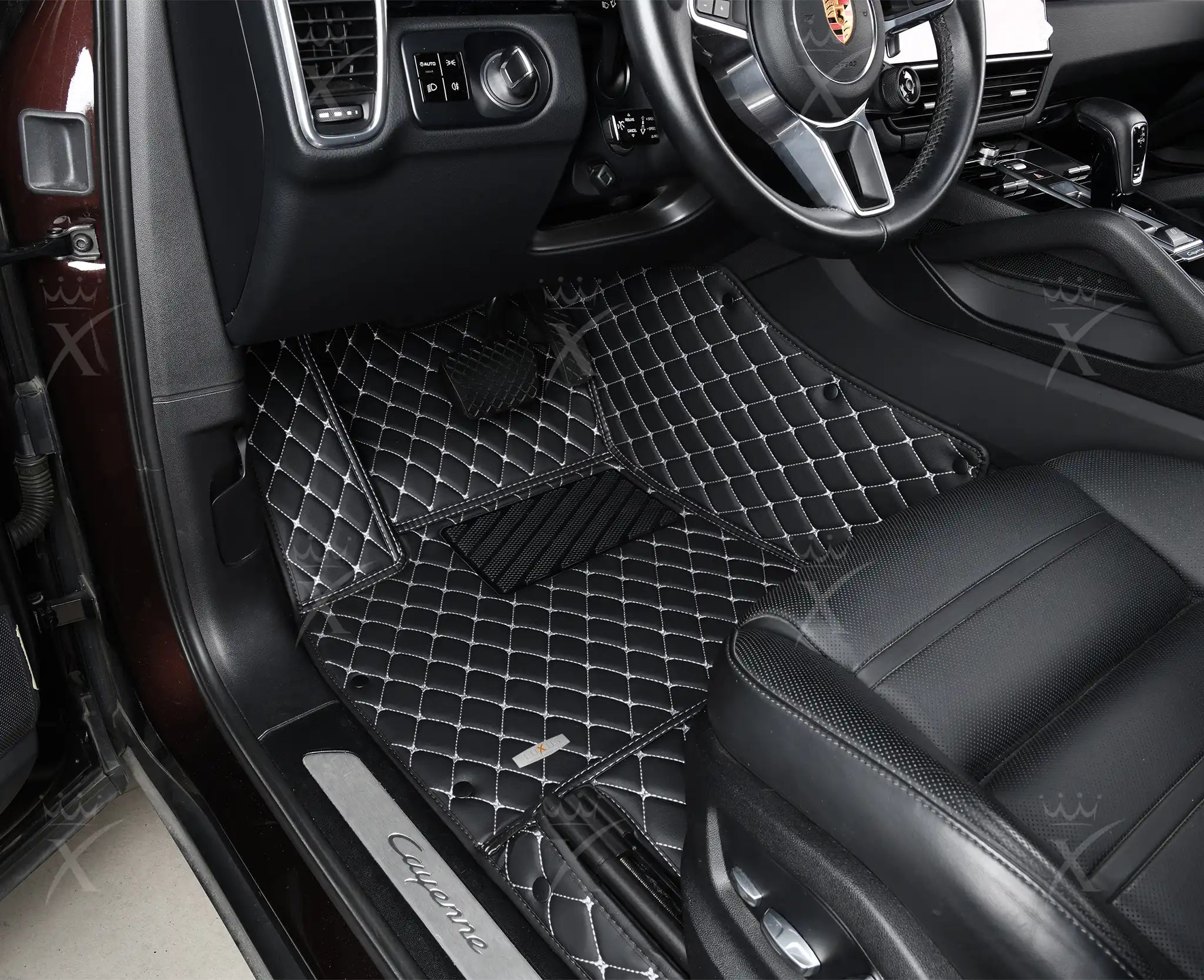 Luxus Premium Diamond Custom Car Mats Set | Black & White Stitching