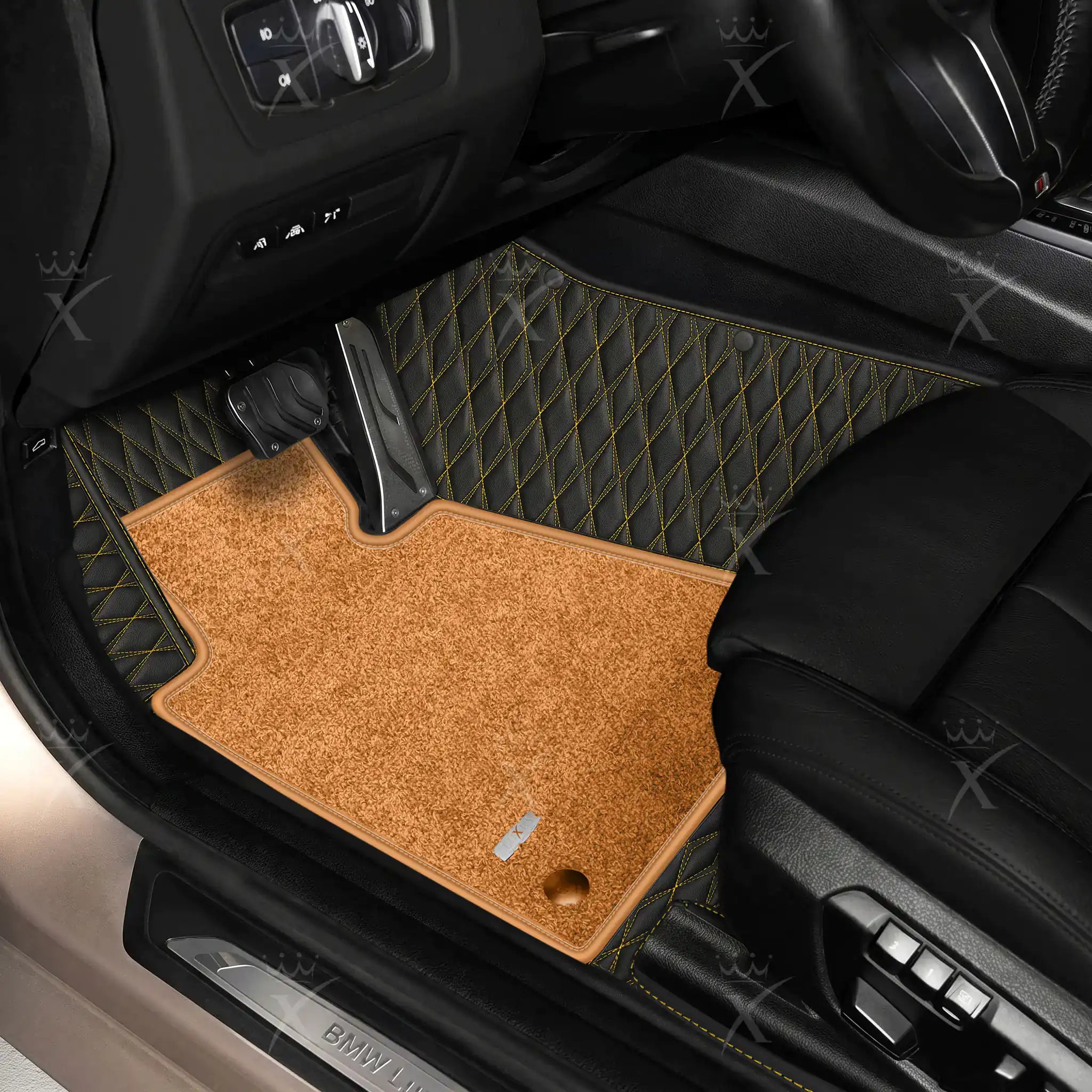 Luxus Twin-Diamond Double Layer Series Floor Mats | Black & Yellow Stitching & Cognac Tan Top Carpet