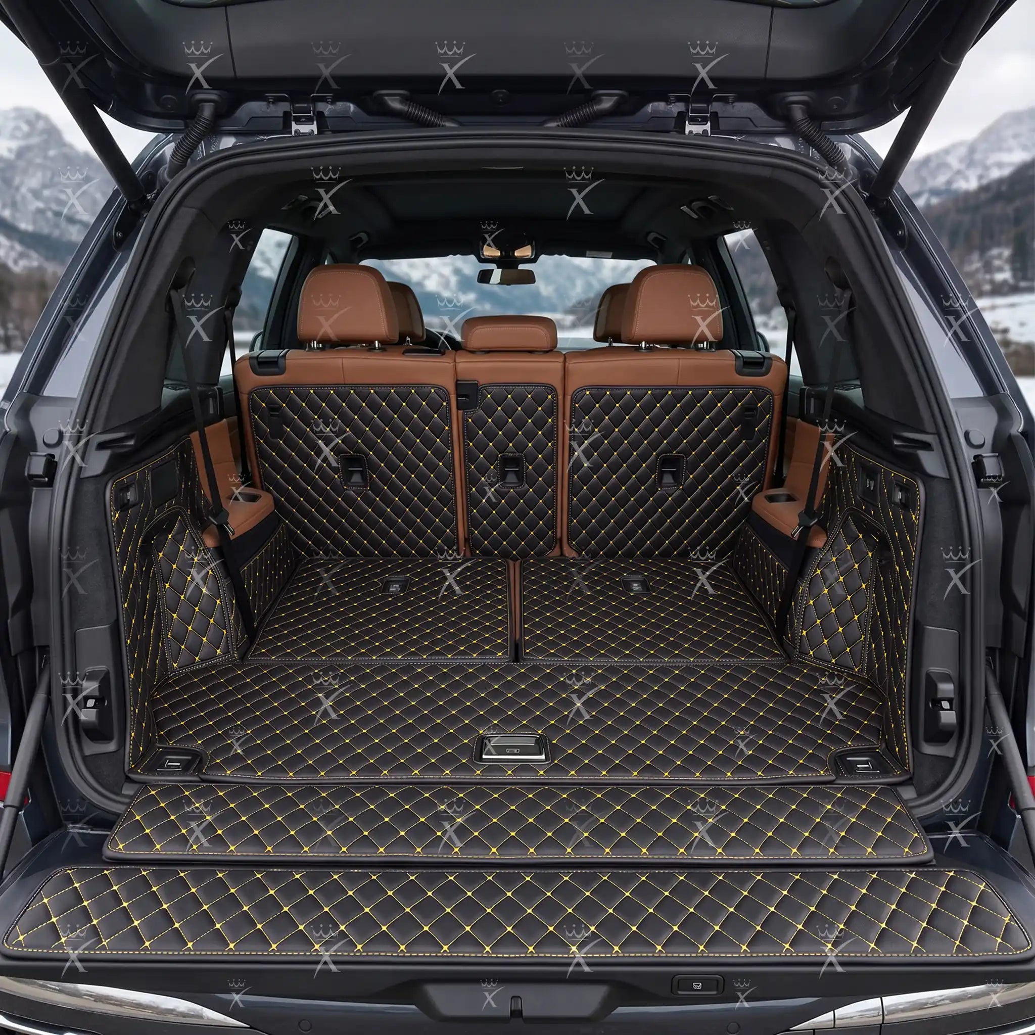 Luxus Diamond 360Fit Series Trunk Mat | Black & Yellow Stitching