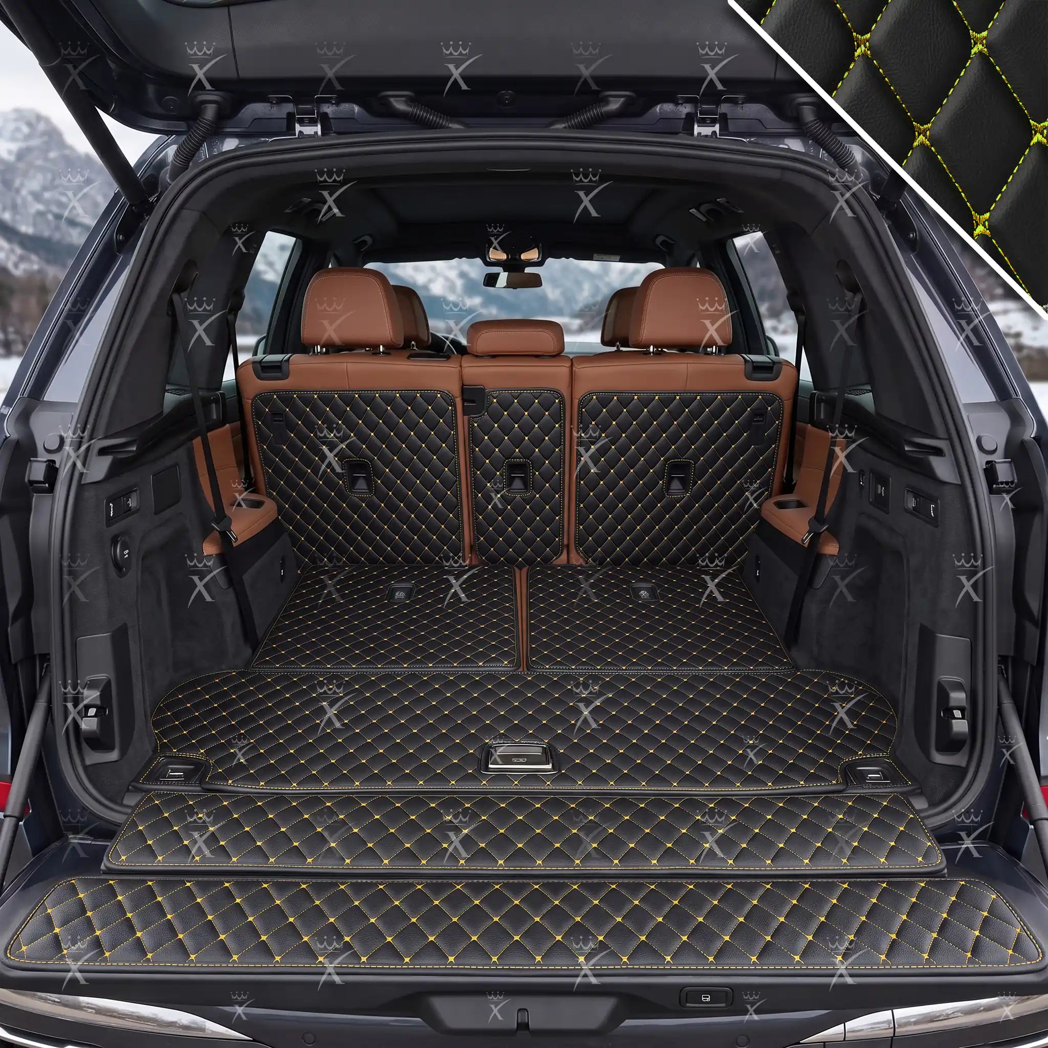 Luxus Car Mats™ – 3D-Luxus-Leder-Kofferraum-/Kofferraummatte in Schwarz und Schwarz mit Nähten