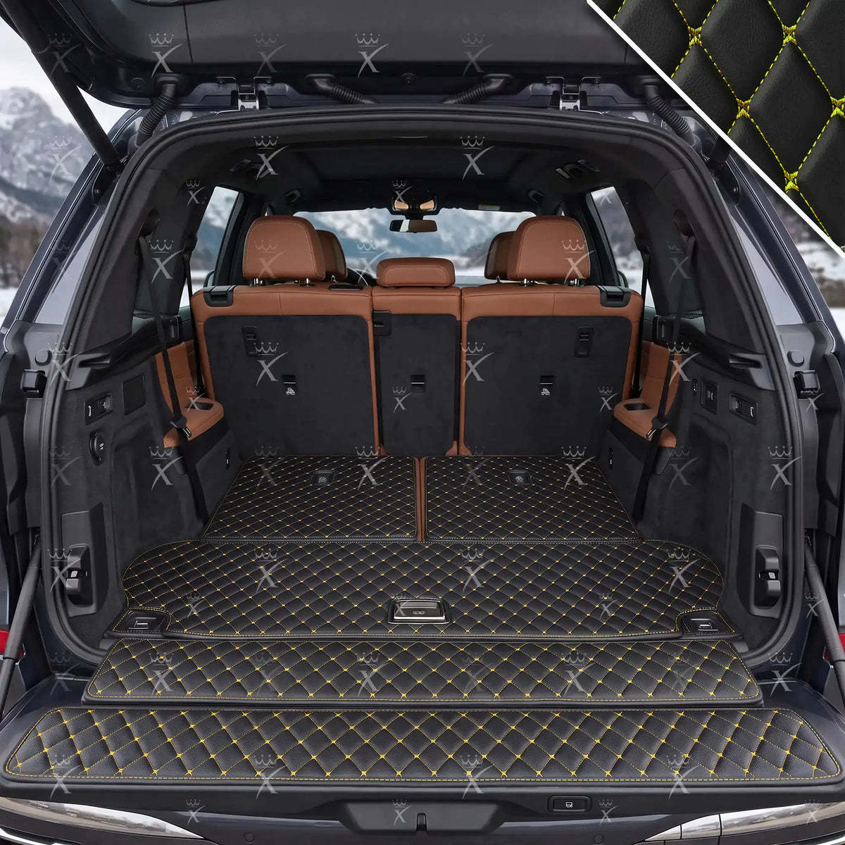 Luxus Diamond BaseFit Series Trunk Mat | Black & Yellow Stitching