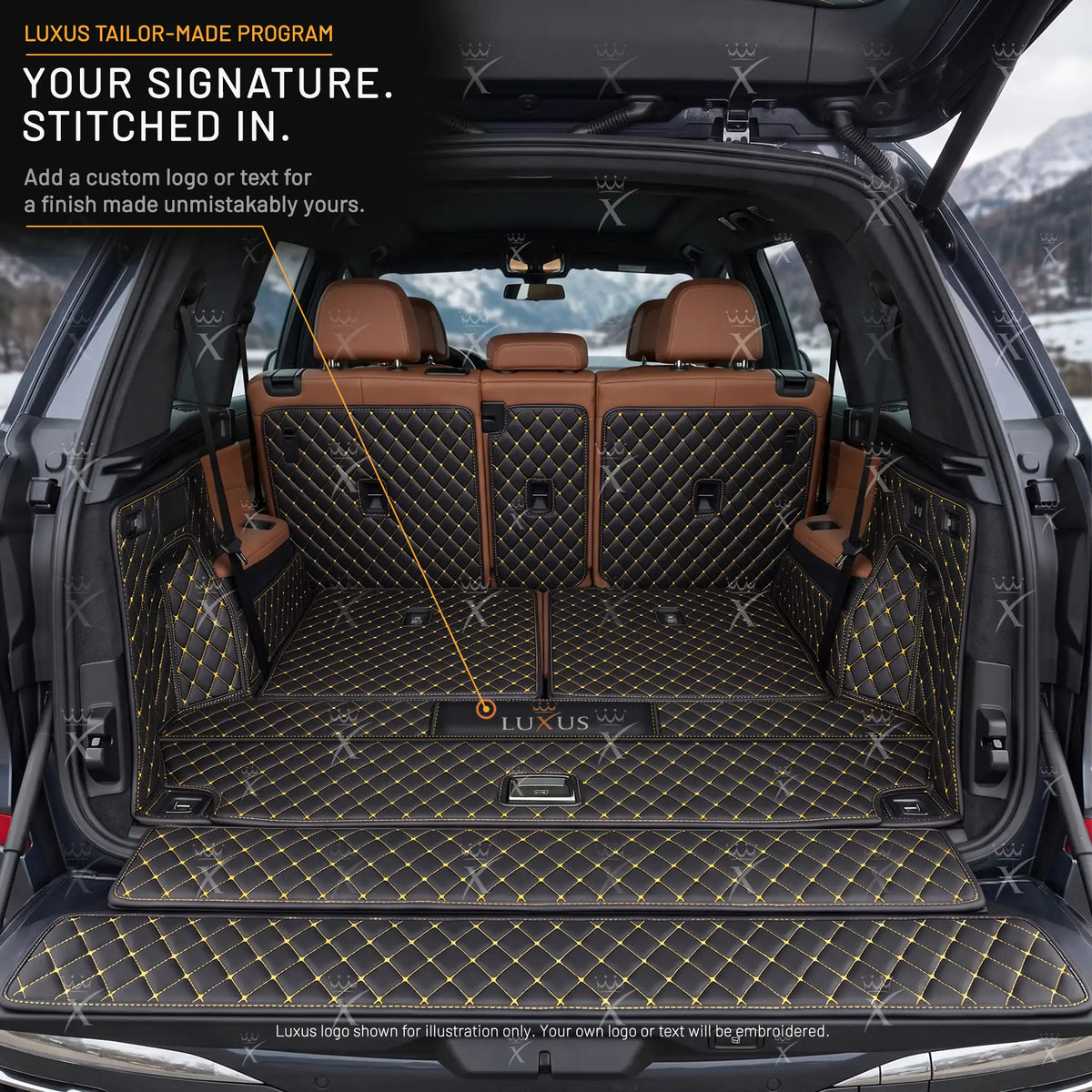 Luxus Diamond 360Fit Series Trunk Mat | Black & Yellow Stitching
