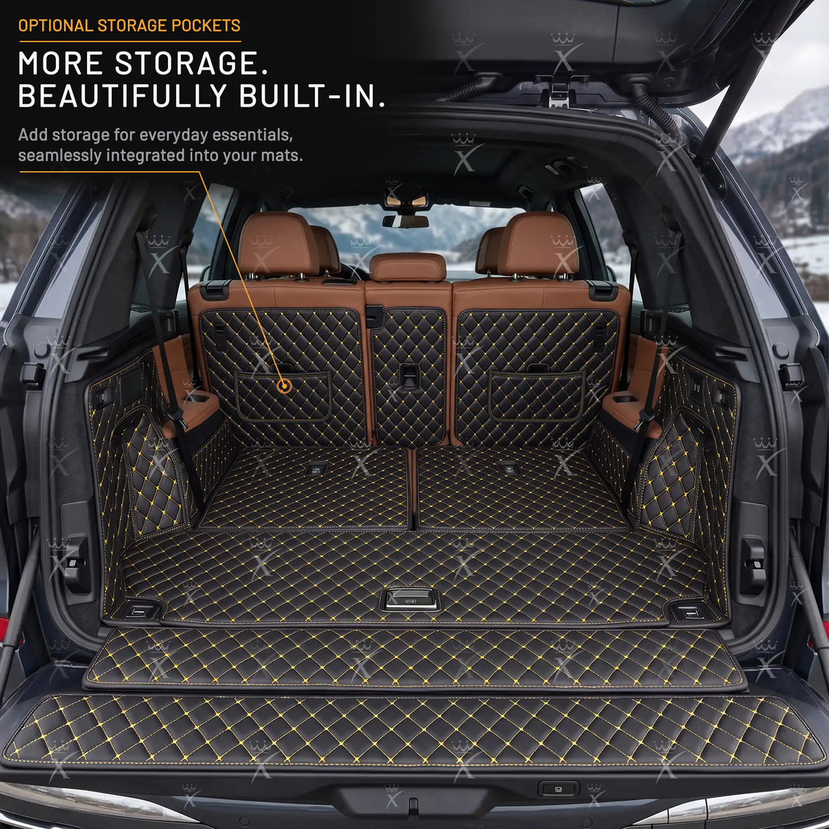 Luxus Diamond 360Fit Series Trunk Mat | Black & Yellow Stitching