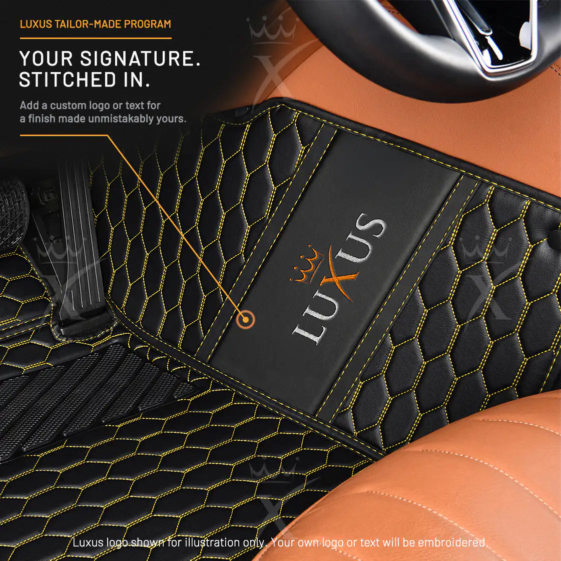 Luxus Honeycomb Series Floor Mats | Black & Yellow Stitching