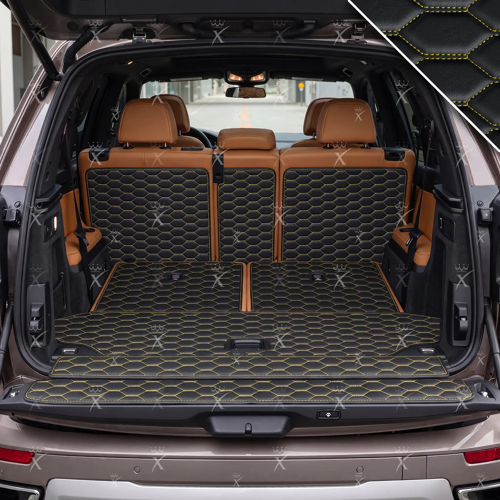 Luxus Honeycomb XtendFit Series Trunk Mat | Black & Yellow Stitching