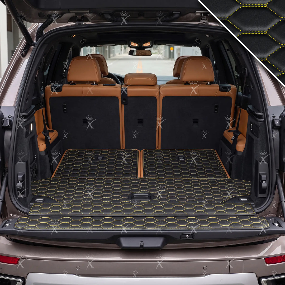 Luxus Honeycomb BaseFit Series Trunk Mat | Black & Yellow Stitching