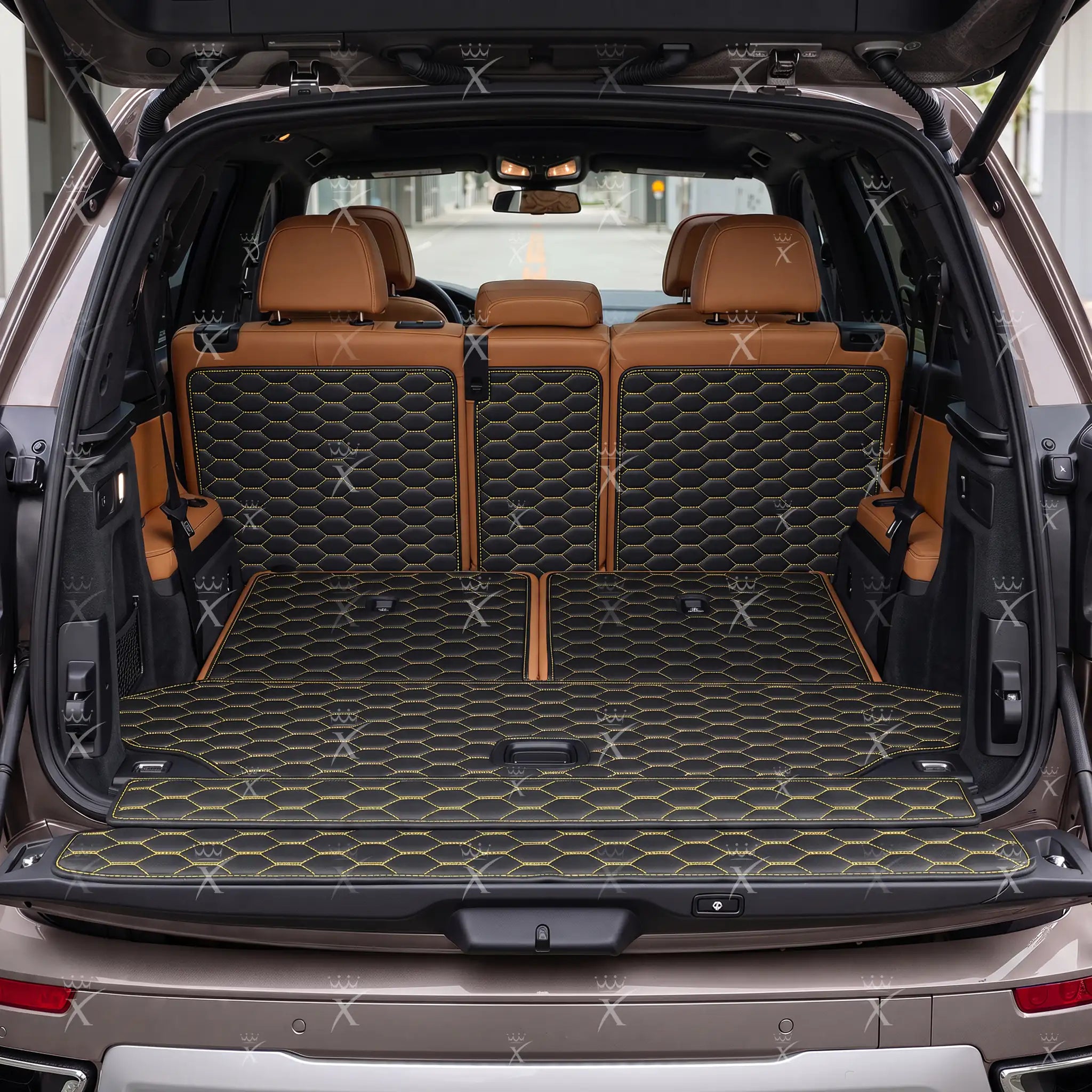 Luxus Honeycomb XtendFit Series Trunk Mat | Black & Yellow Stitching