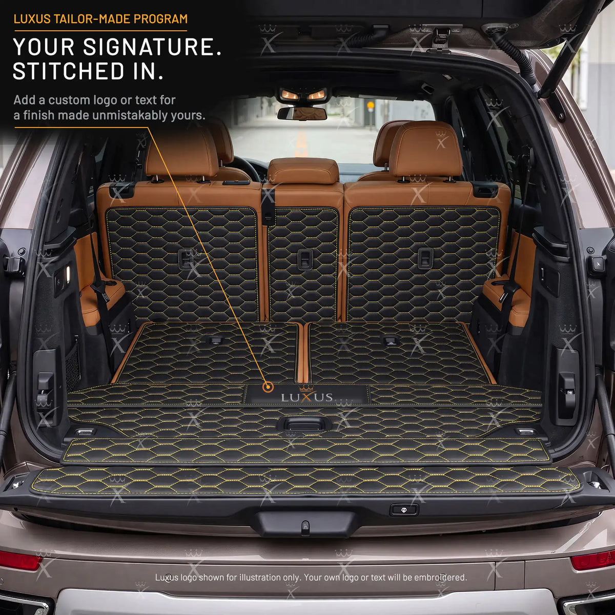 Luxus Honeycomb XtendFit Series Trunk Mat | Black & Yellow Stitching