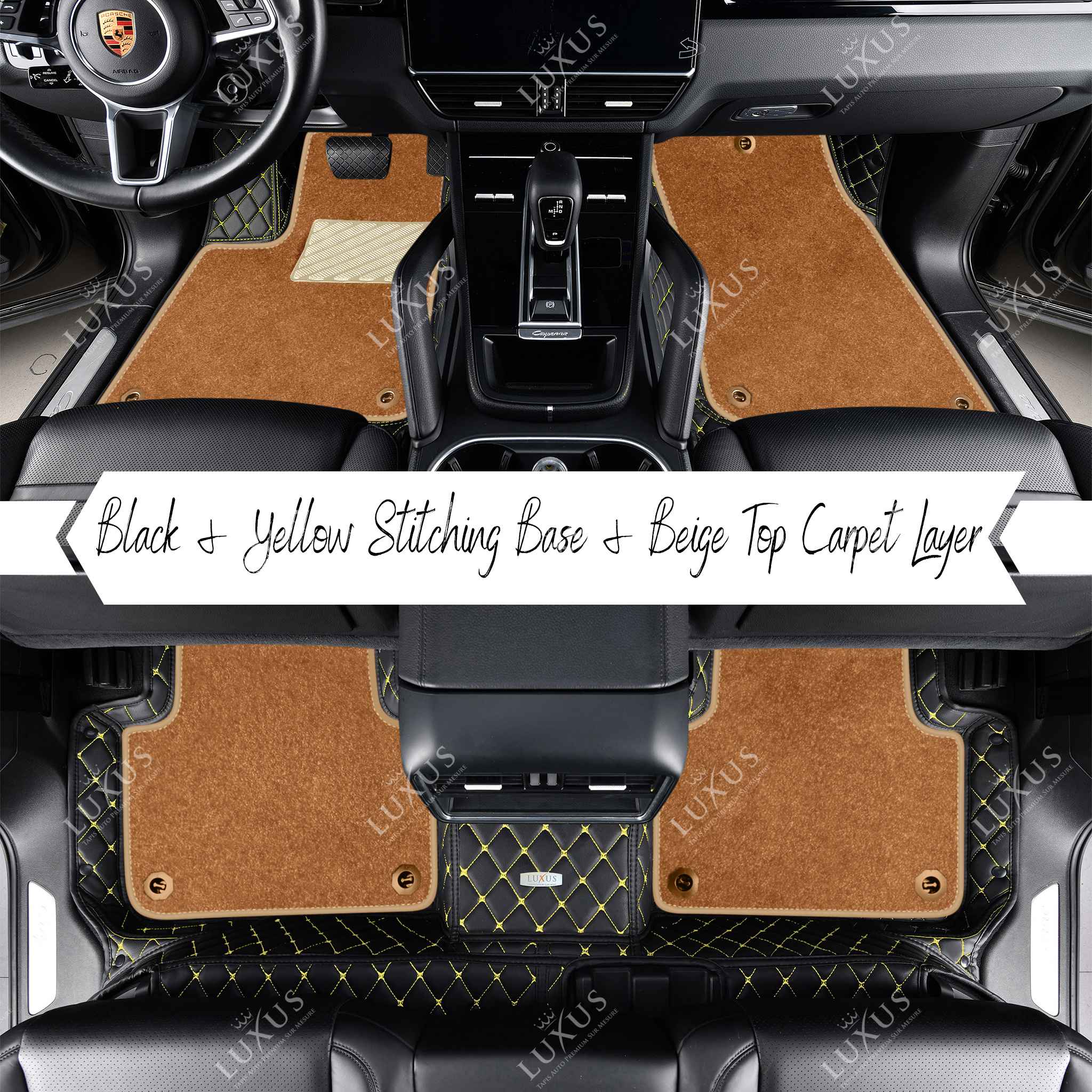 Black & Yellow Stitching Diamond Base & Beige Top Carpet Double Layer Luxury Car Mats Set