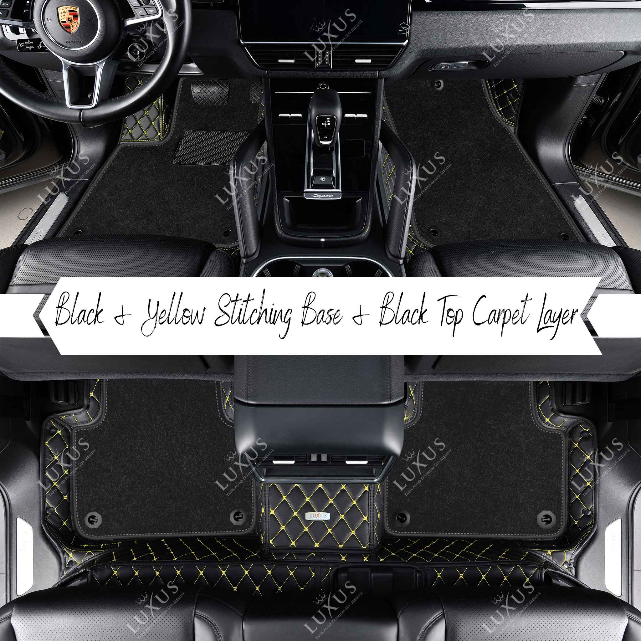 Black & Yellow Stitching Diamond Base & Black Top Carpet Double Layer Luxury Car Mats Set