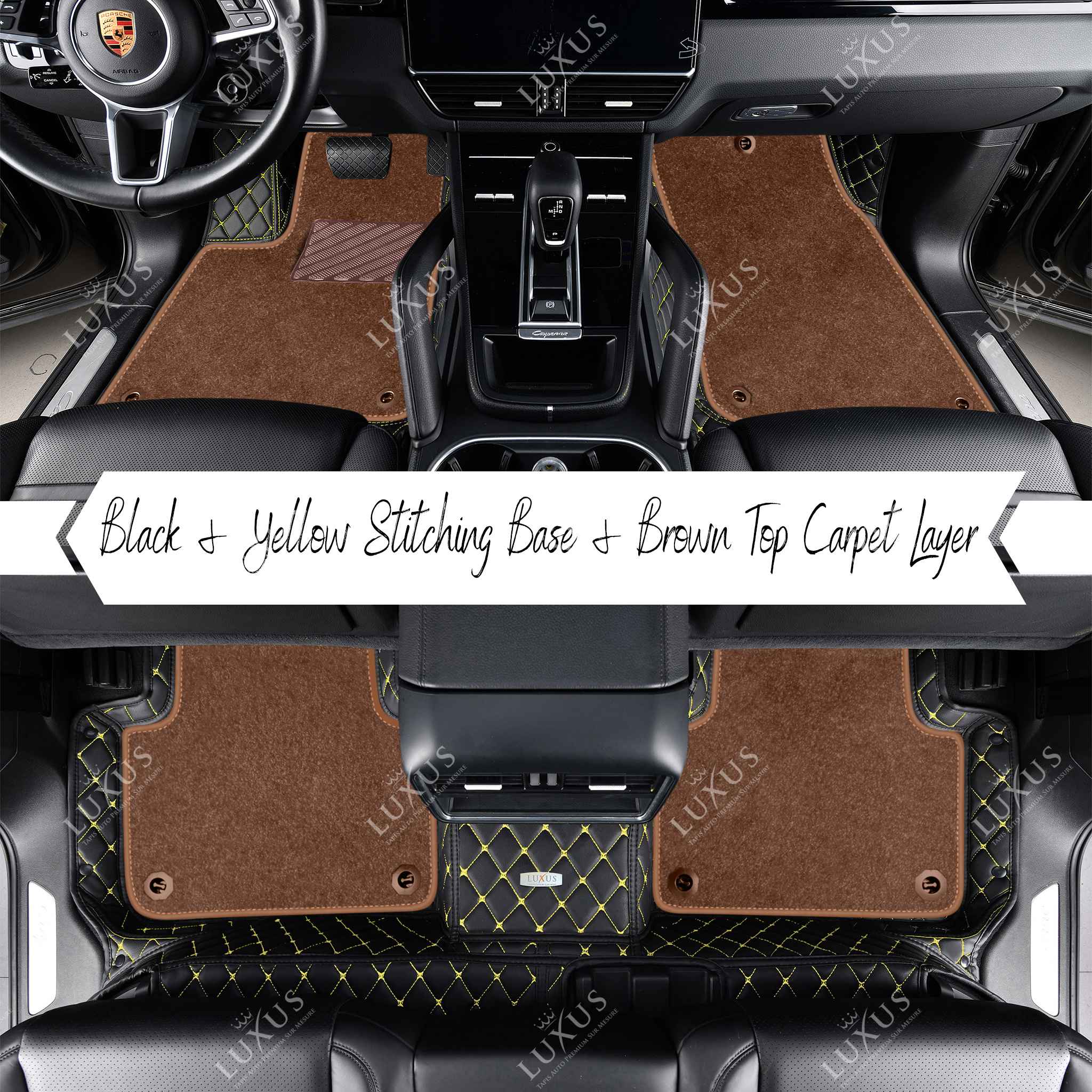 Black & Yellow Stitching Diamond Base & Brown Top Carpet Double Layer Luxury Car Mats Set