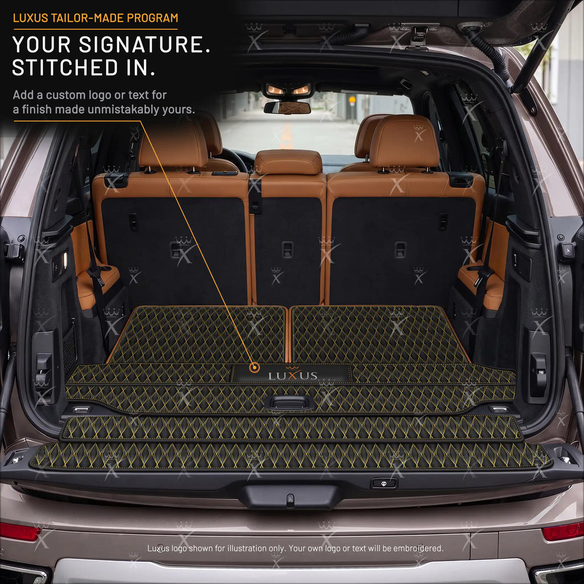 Luxus Twin-Diamond BaseFit Series Trunk Mat | Black & Yellow Stitching
