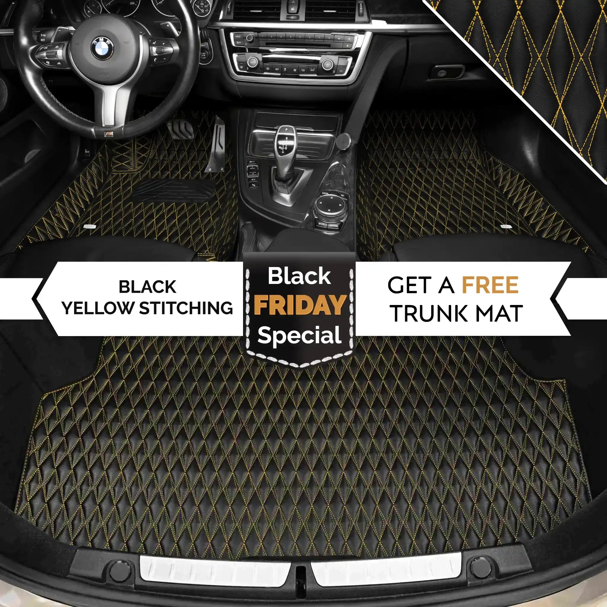 Luxus Premium Twin-Diamond Custom Luxury Car Mats Set | Black & Yellow Stitching