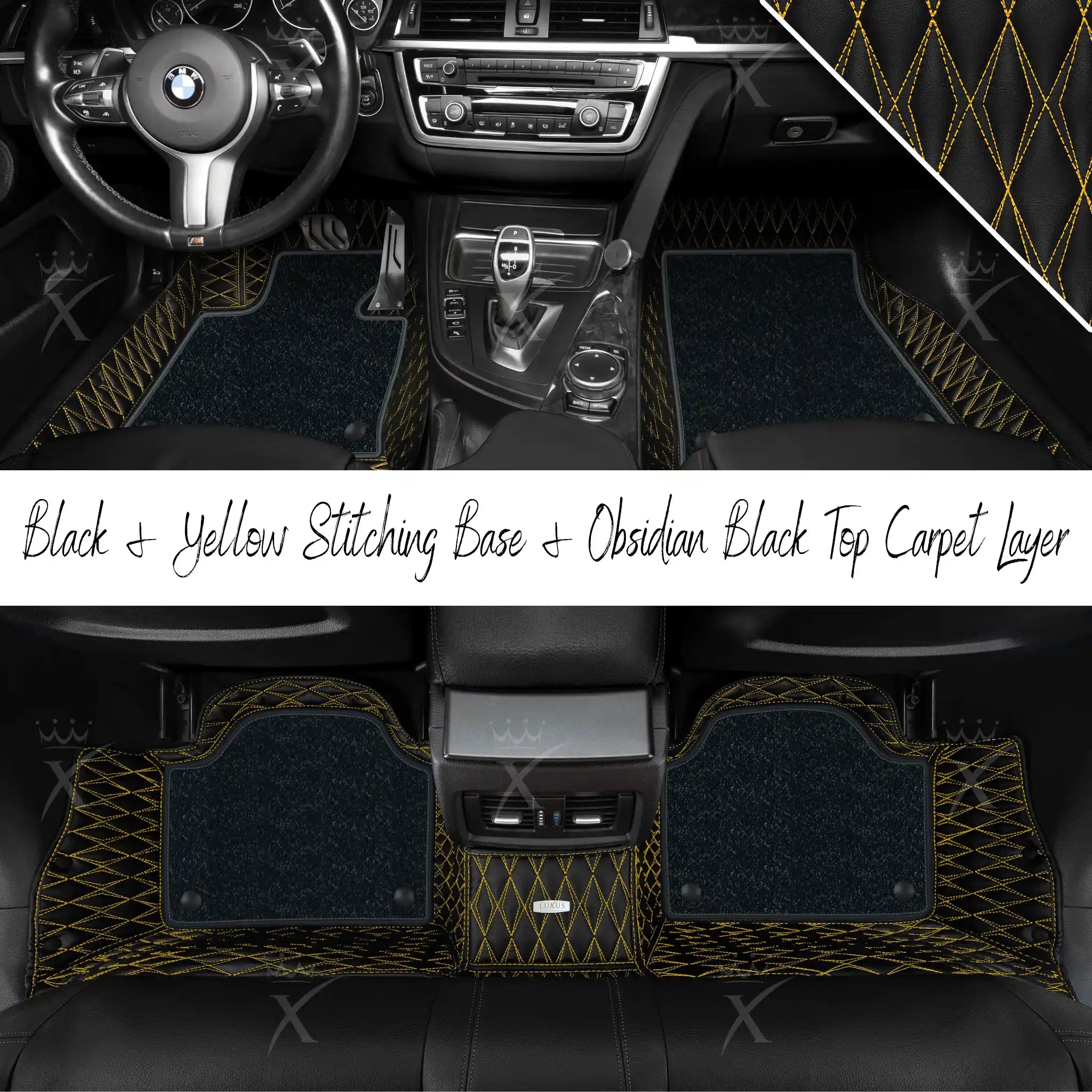 Black & Yellow Stitching Twin Diamond & Obsidian Black Carpet | Double Layer Luxury Car Mats Set