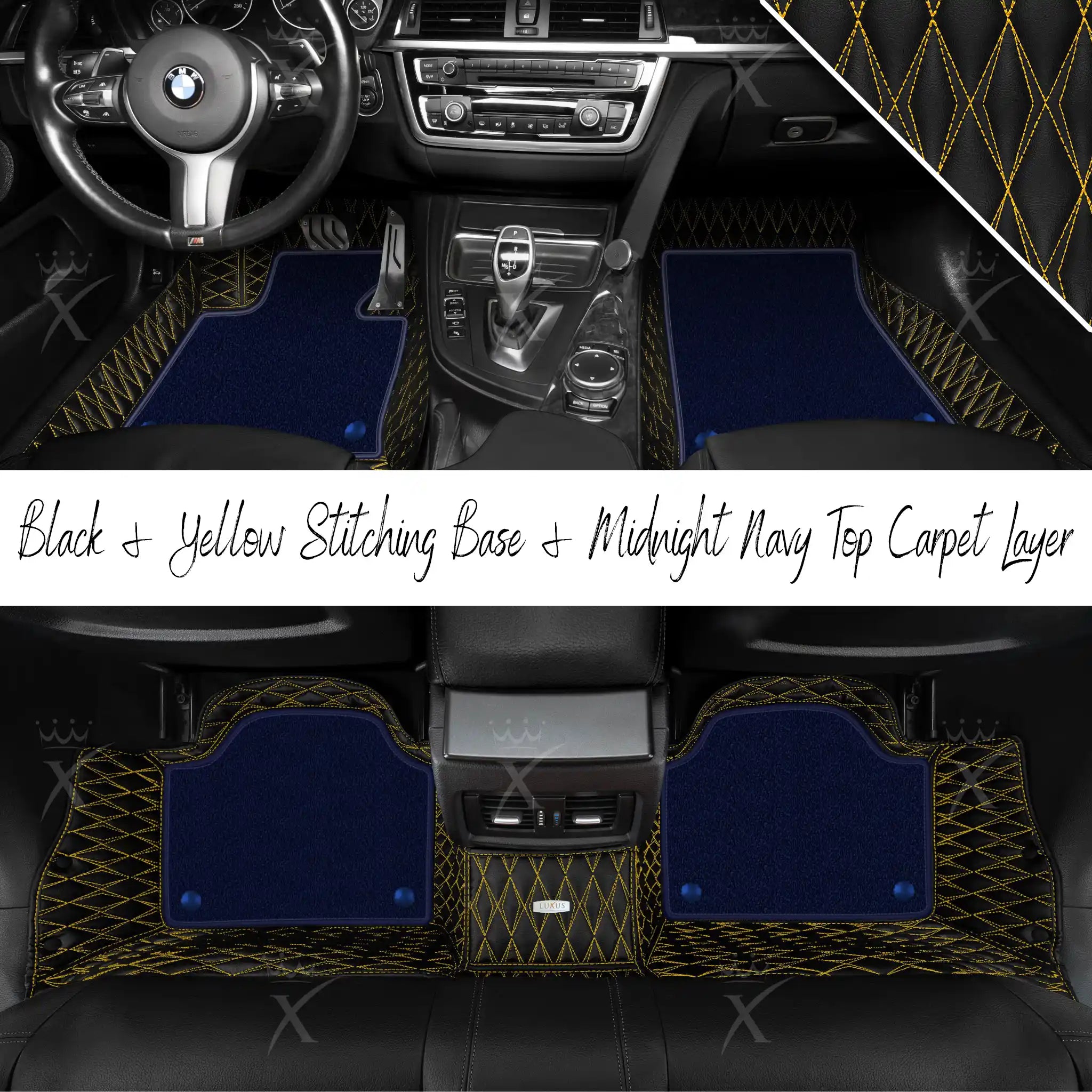 Black & Yellow Stitching Twin Diamond & Midnight Navy Carpet | Double Layer Luxury Car Mats Set